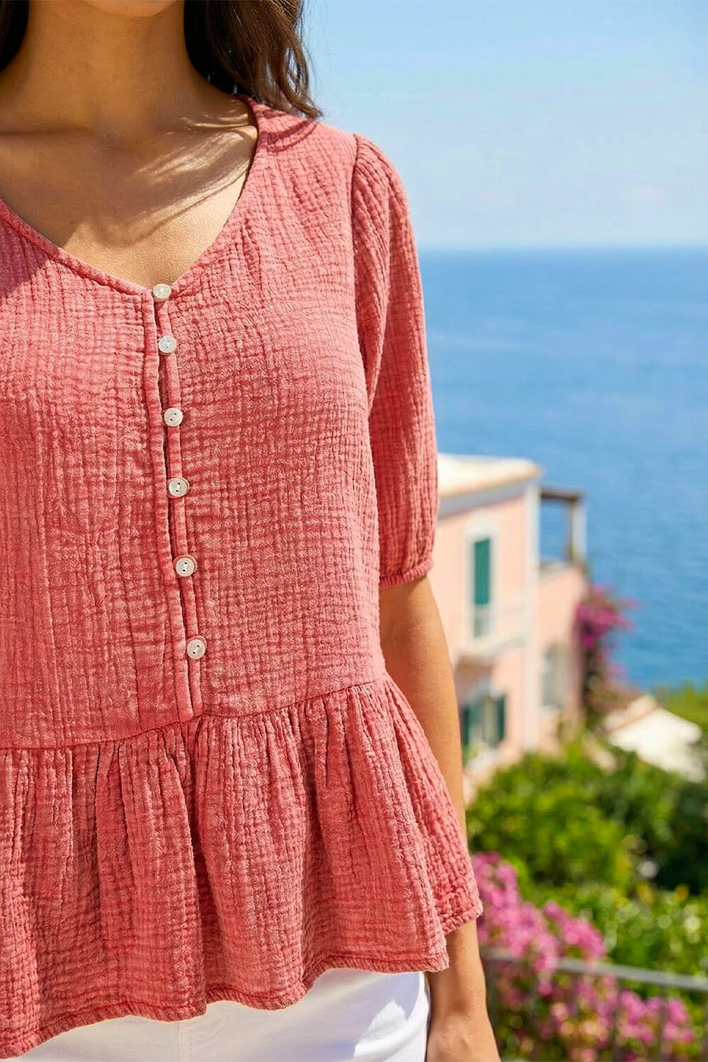 Red Buttoned Front Peplum Top, Image 5 of 4