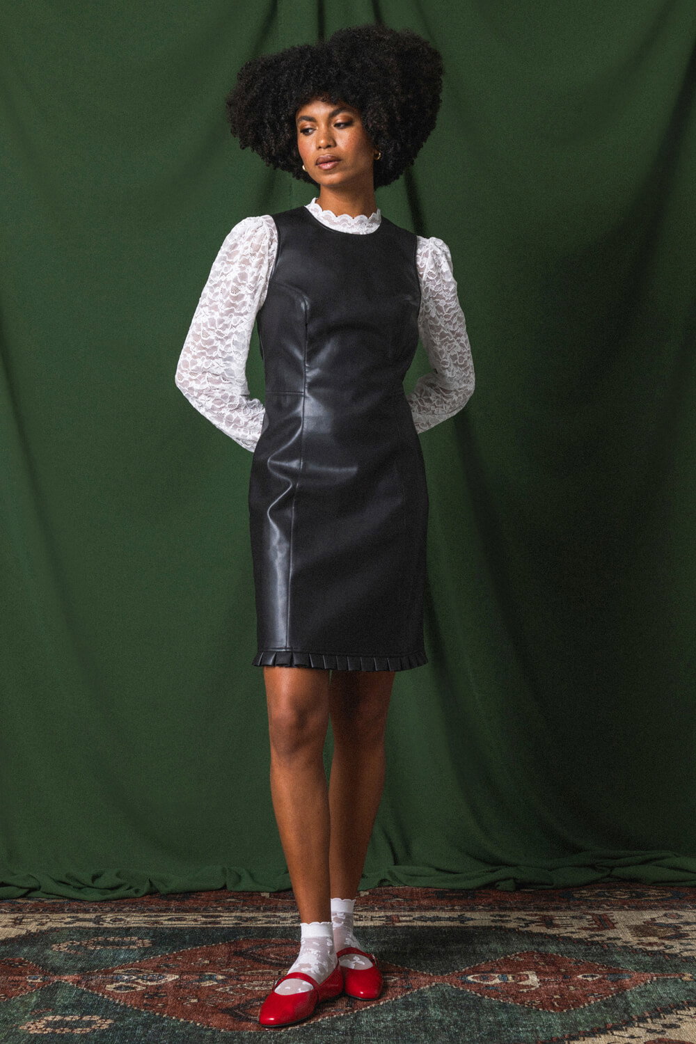 Black Faux Leather Pleated Hem Dress, Image 8 of 7