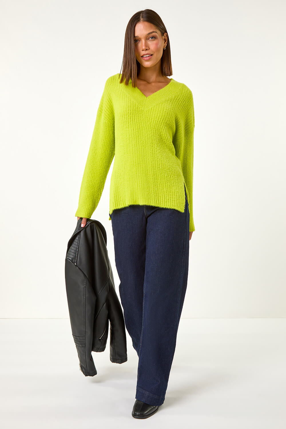 Lime V-Neck Fluffy Knit Jumper, Image 3 of 5