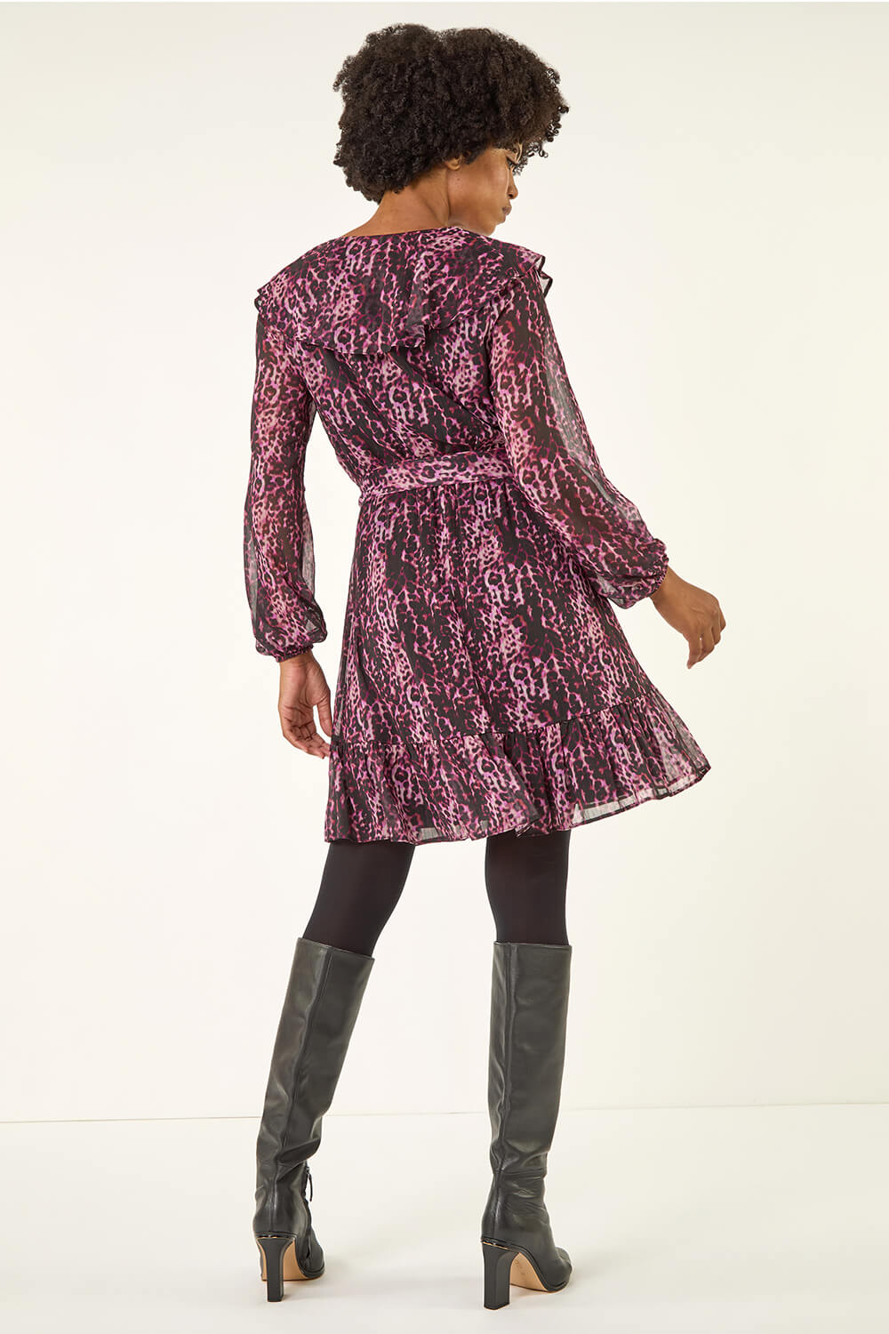Pink Animal Print Frill V-Neck Dress, Image 4 of 5