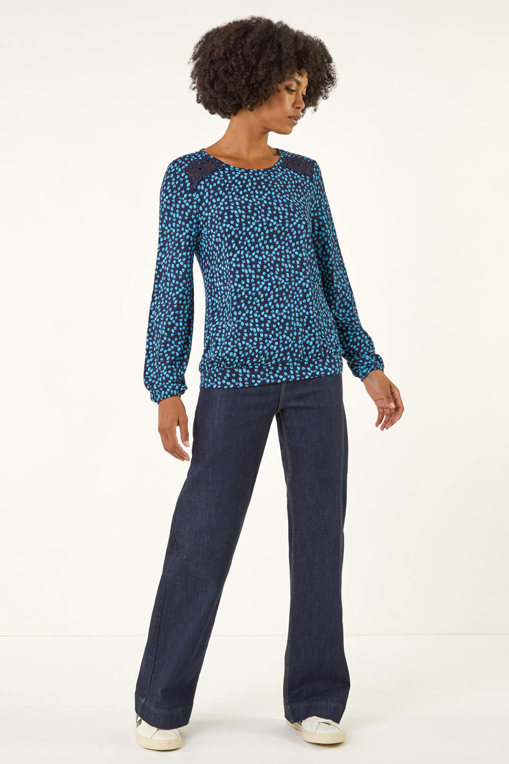 Blue Printed Lace Stretch Top, Image 3 of 5