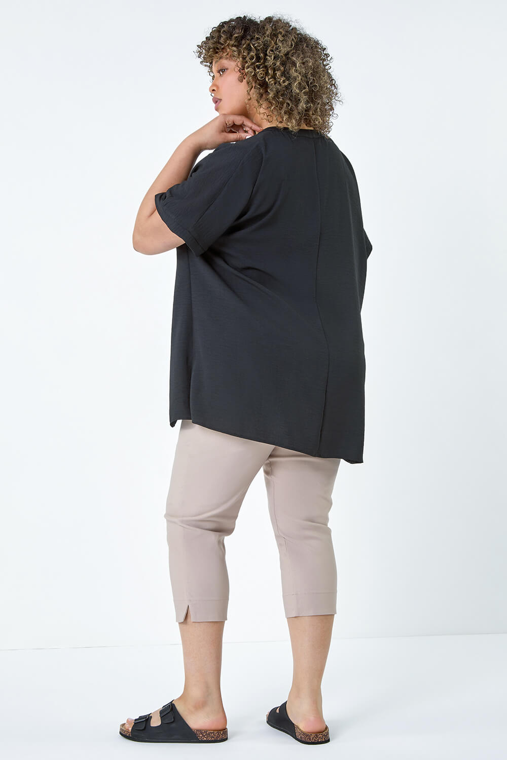 Black Curve Linen Look V-Neck Longline Top, Image 4 of 5