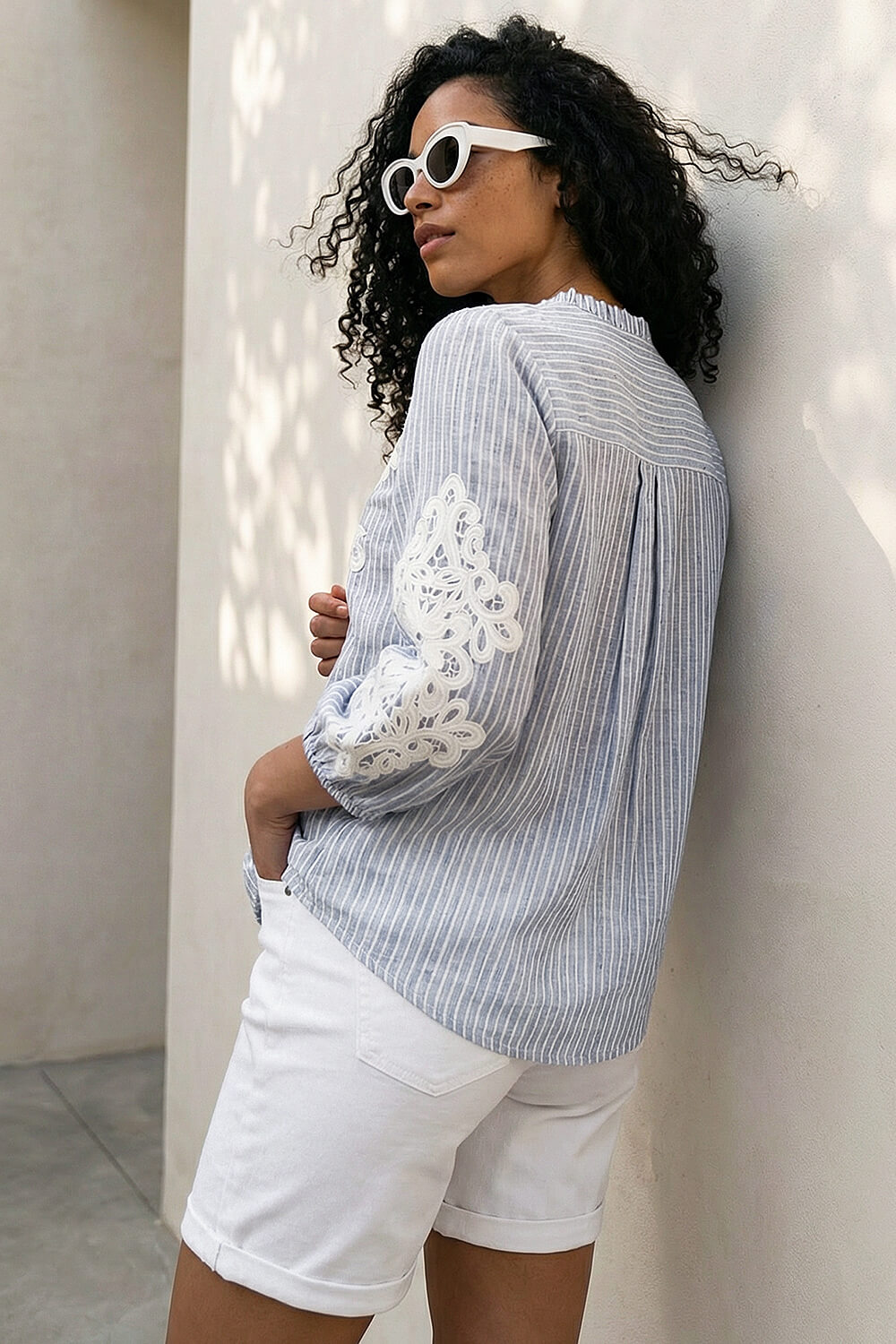 Light Blue  Lace Applique Stripe Shirt, Image 4 of 4