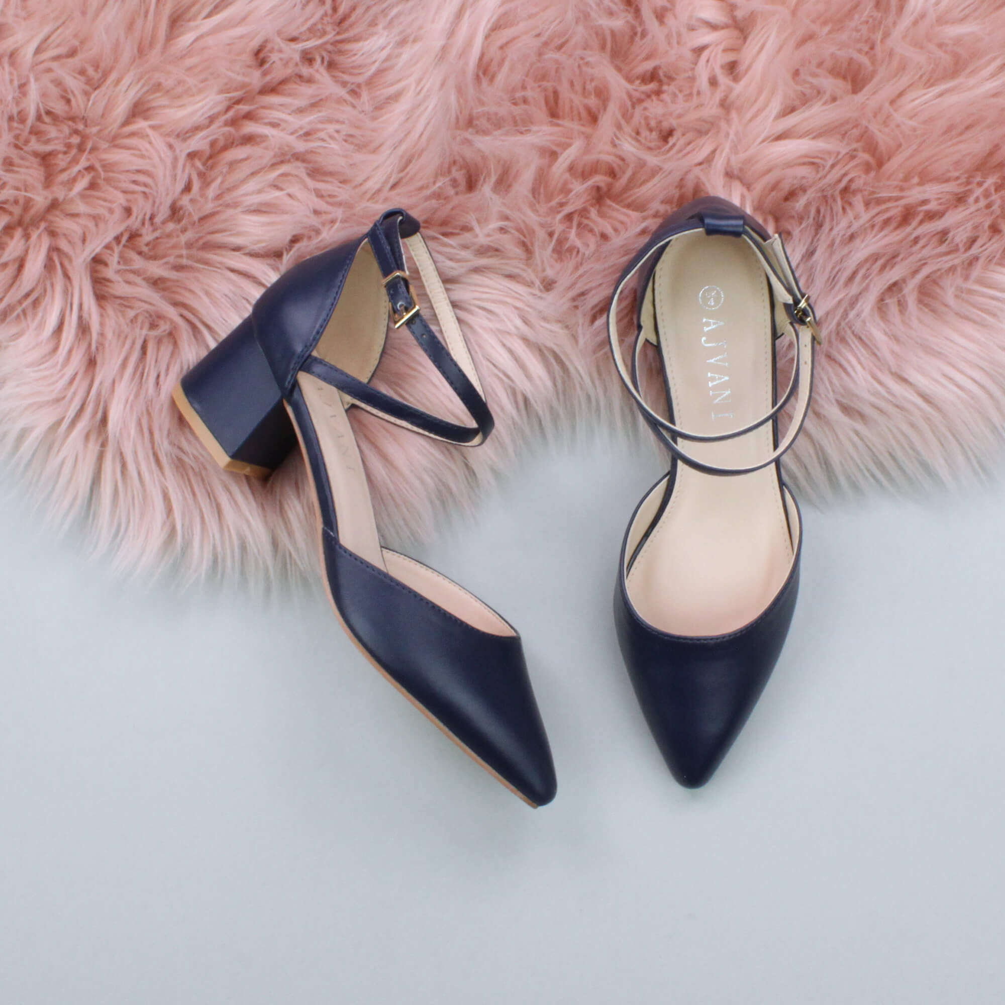 Navy Blue AJVANI Navy Blue Mid Block Heel Crossed Strap Pointed Toe 2 Part Heels, Image 4 of 6