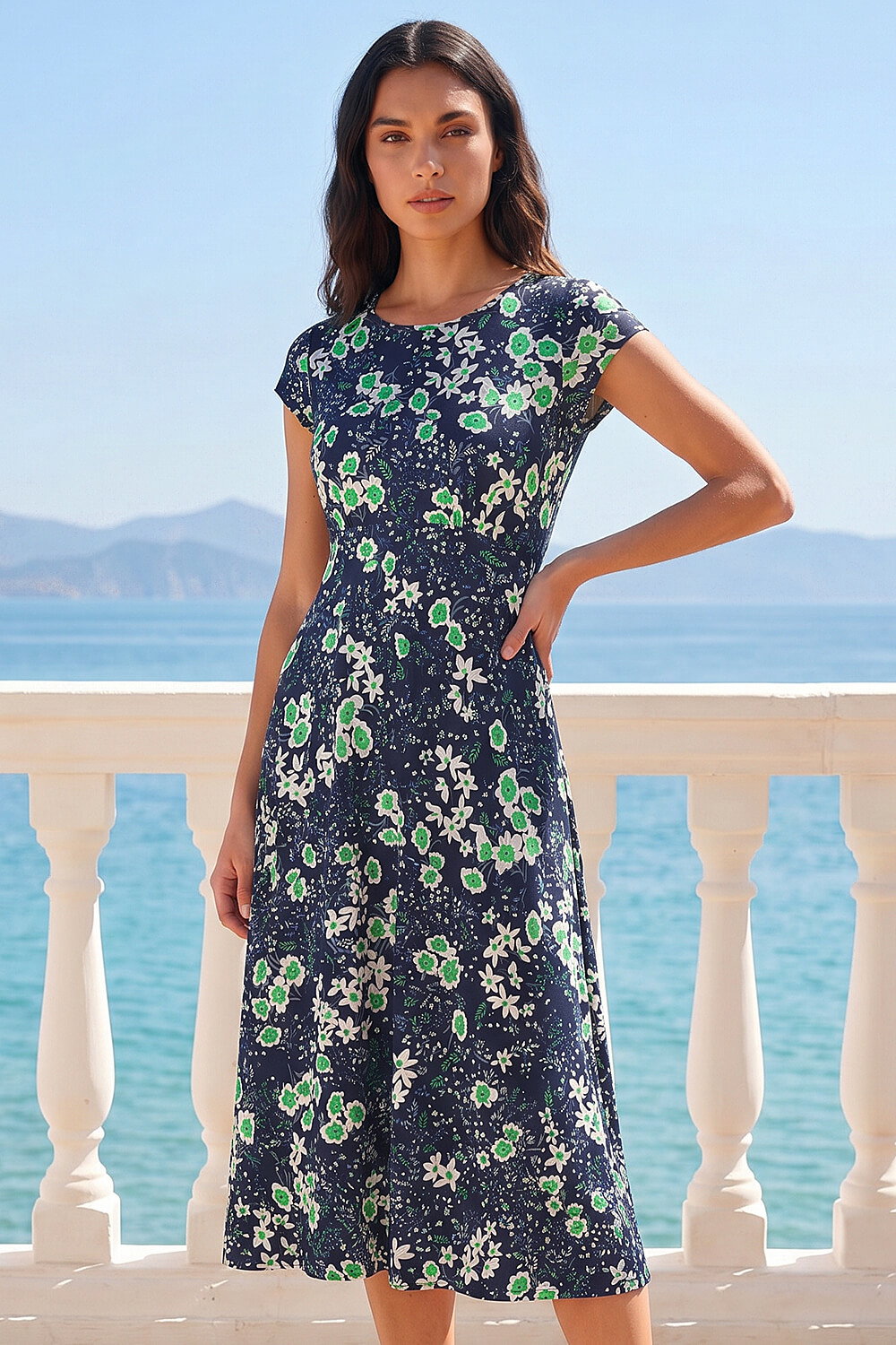 Green Floral Print Midi Tea Dress, Image 3 of 4