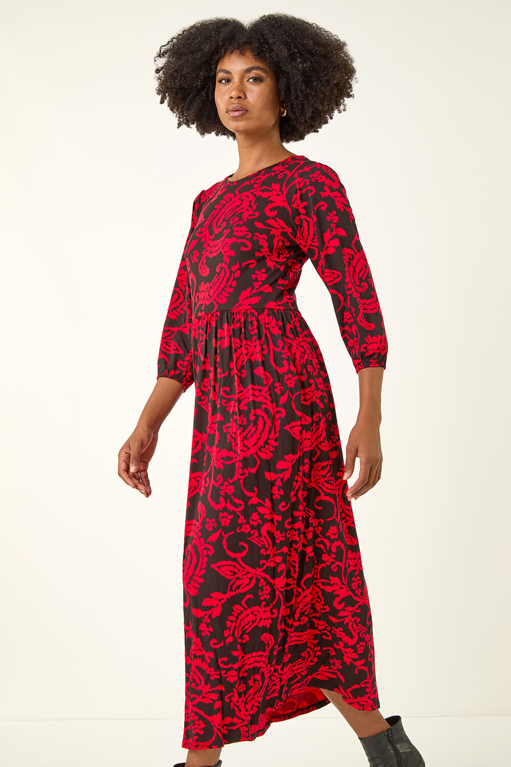 Red Paisley Print Pocket Midi Stretch Dress, Image 5 of 5