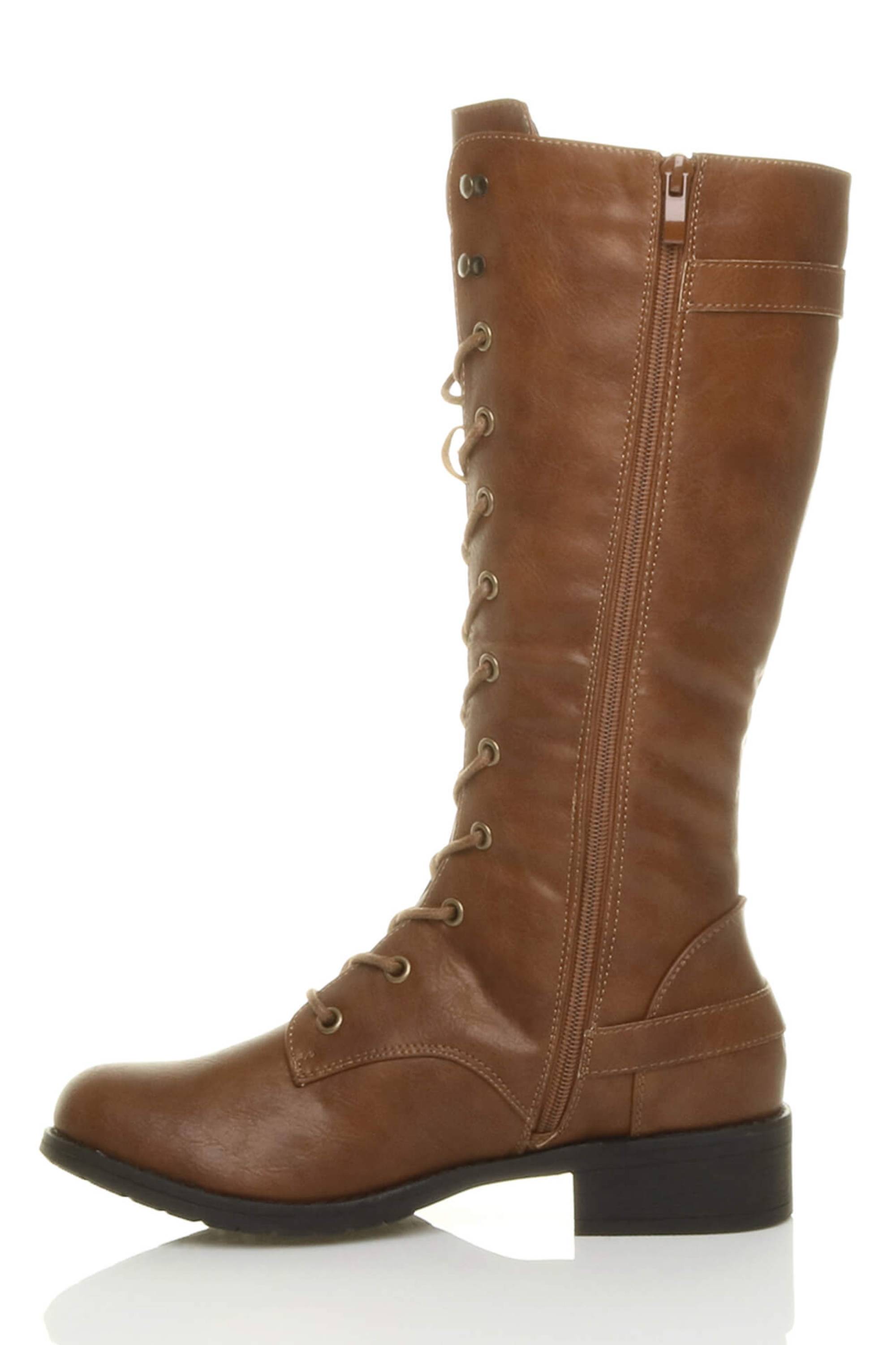 Tan Lace Up Calf Military Biker Boots, Image 3 of 6