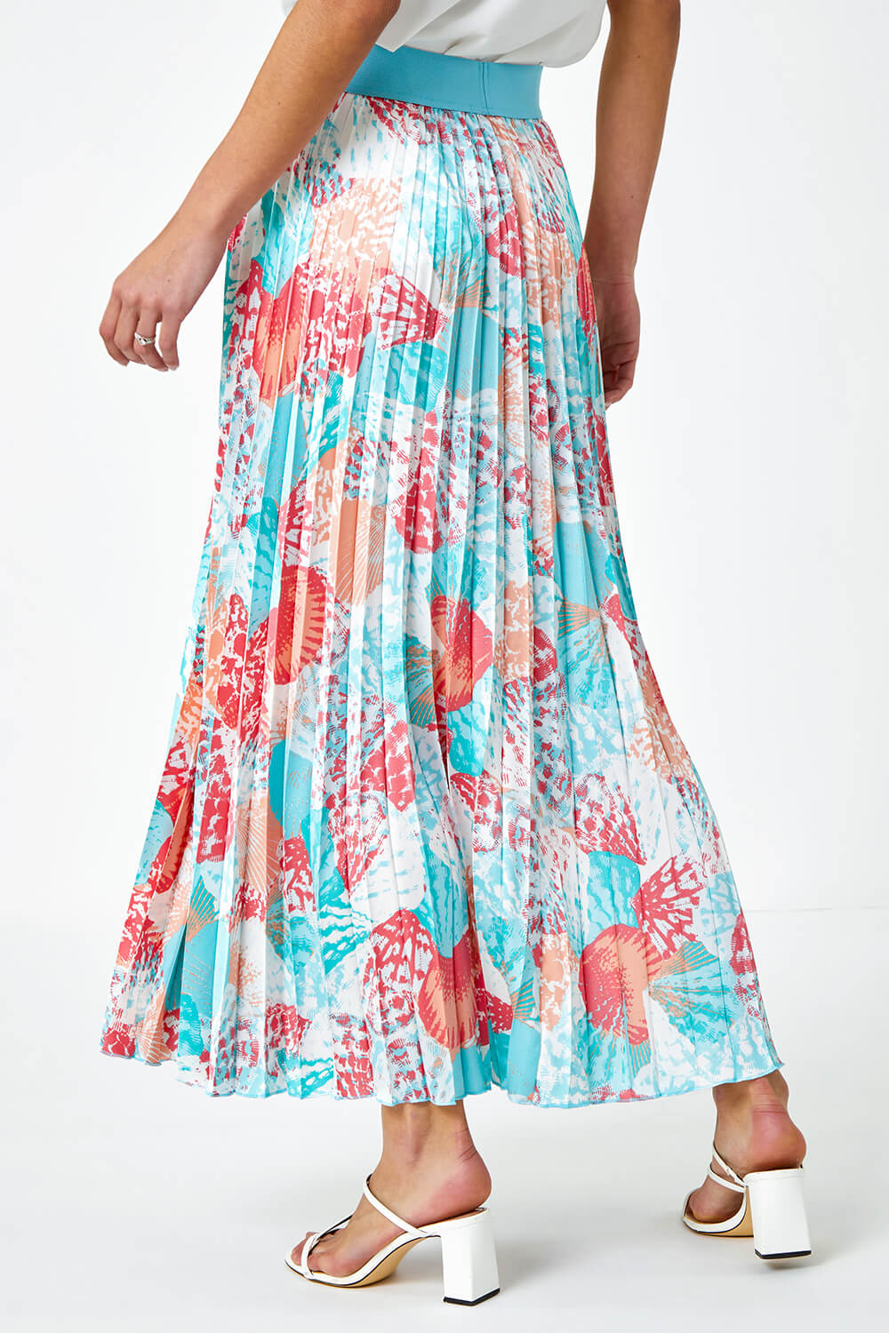 Turquoise Seashell Print Pleated Maxi Skirt, Image 4 of 5