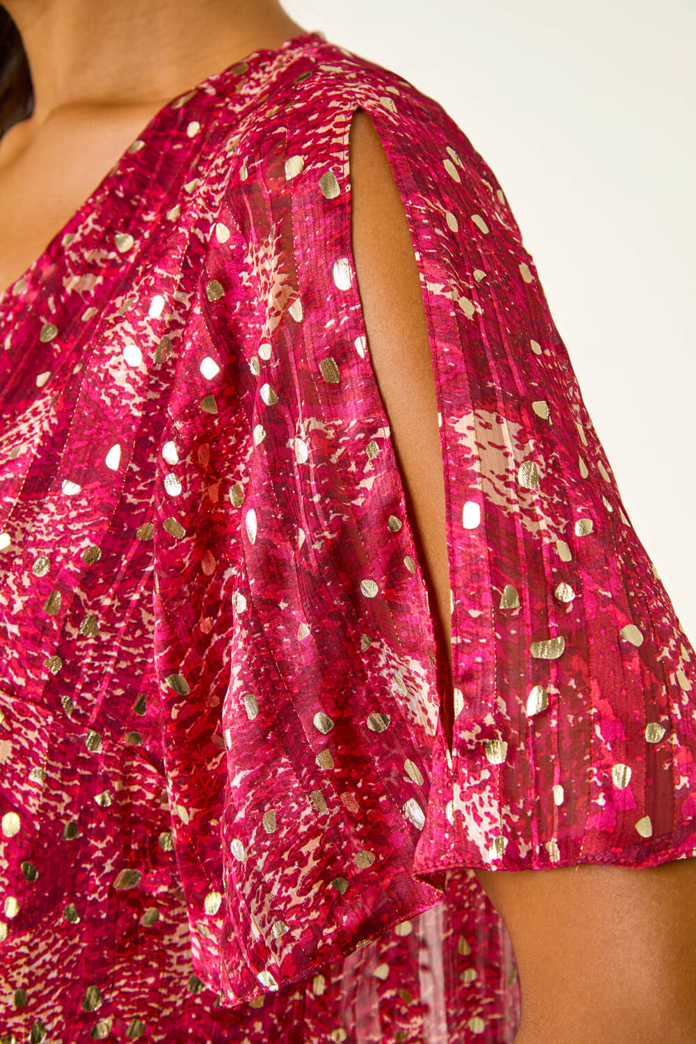 Red Metallic Angel Sleeve V-Neck Top, Image 6 of 5