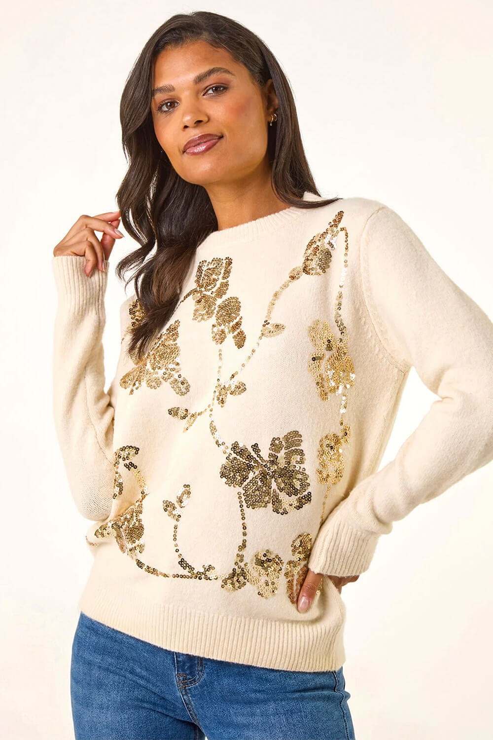 Ivory  Sequin Floral Knit Jumper, Image 5 of 5