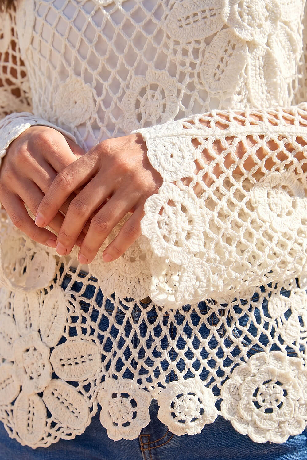 Ivory Floral Open Crochet Knit Tunic, Image 5 of 4