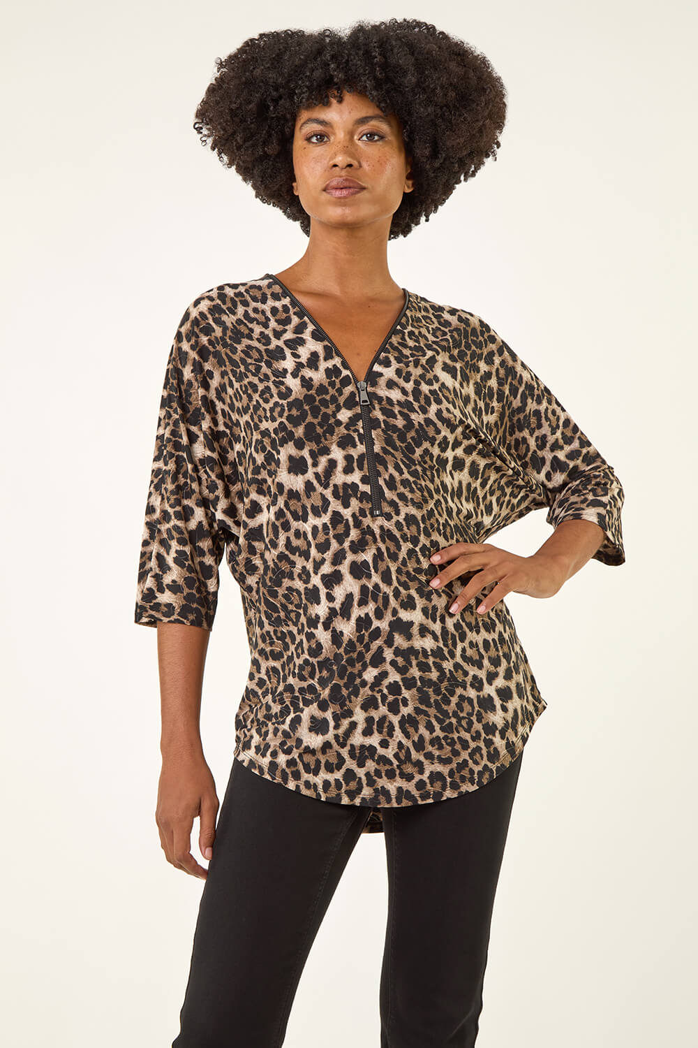 Tan Animal Print Zip Front Stretch Top, Image 5 of 5