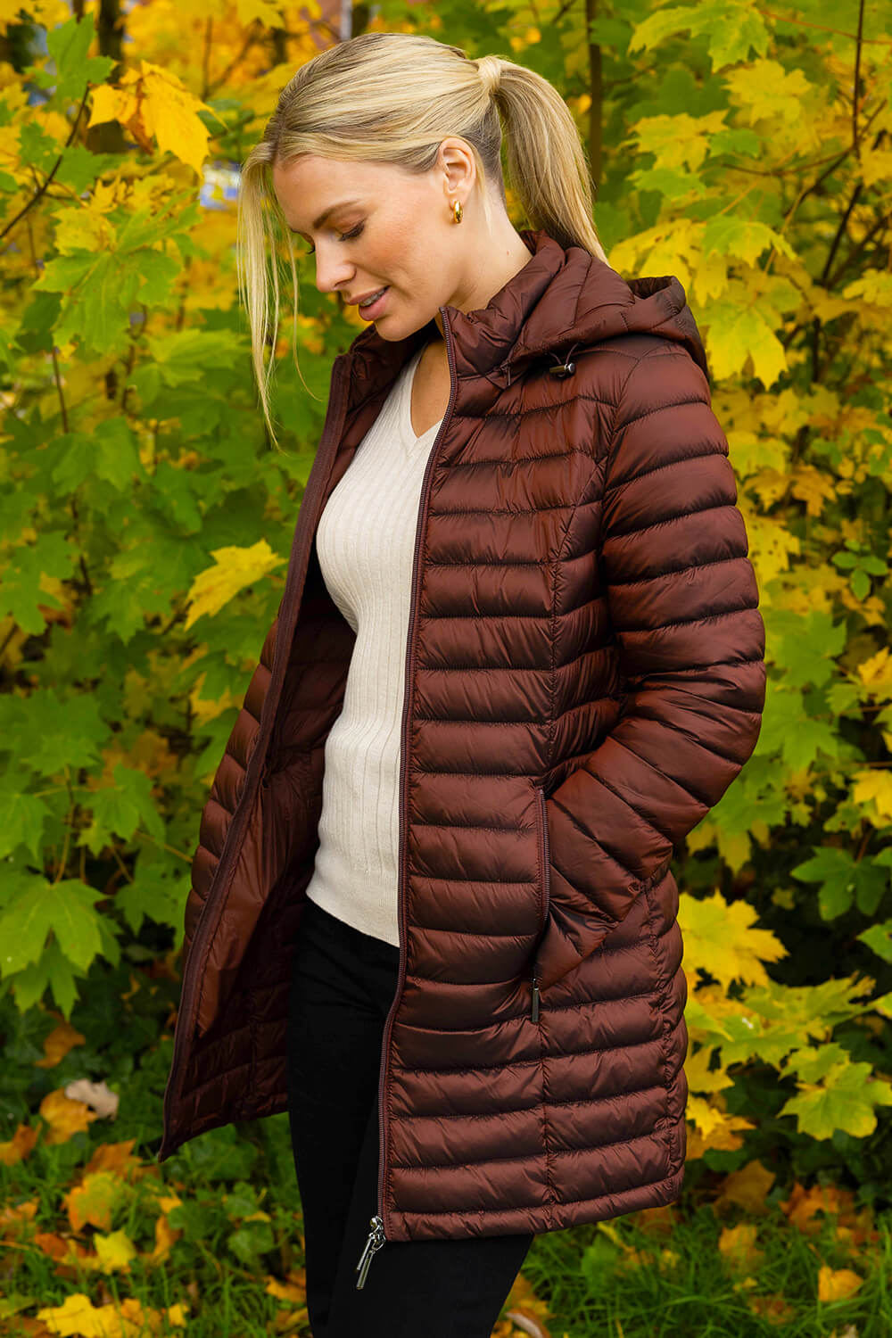 Chocolate Longline Quilted Hooded Puffer Coat, Image 4 of 6