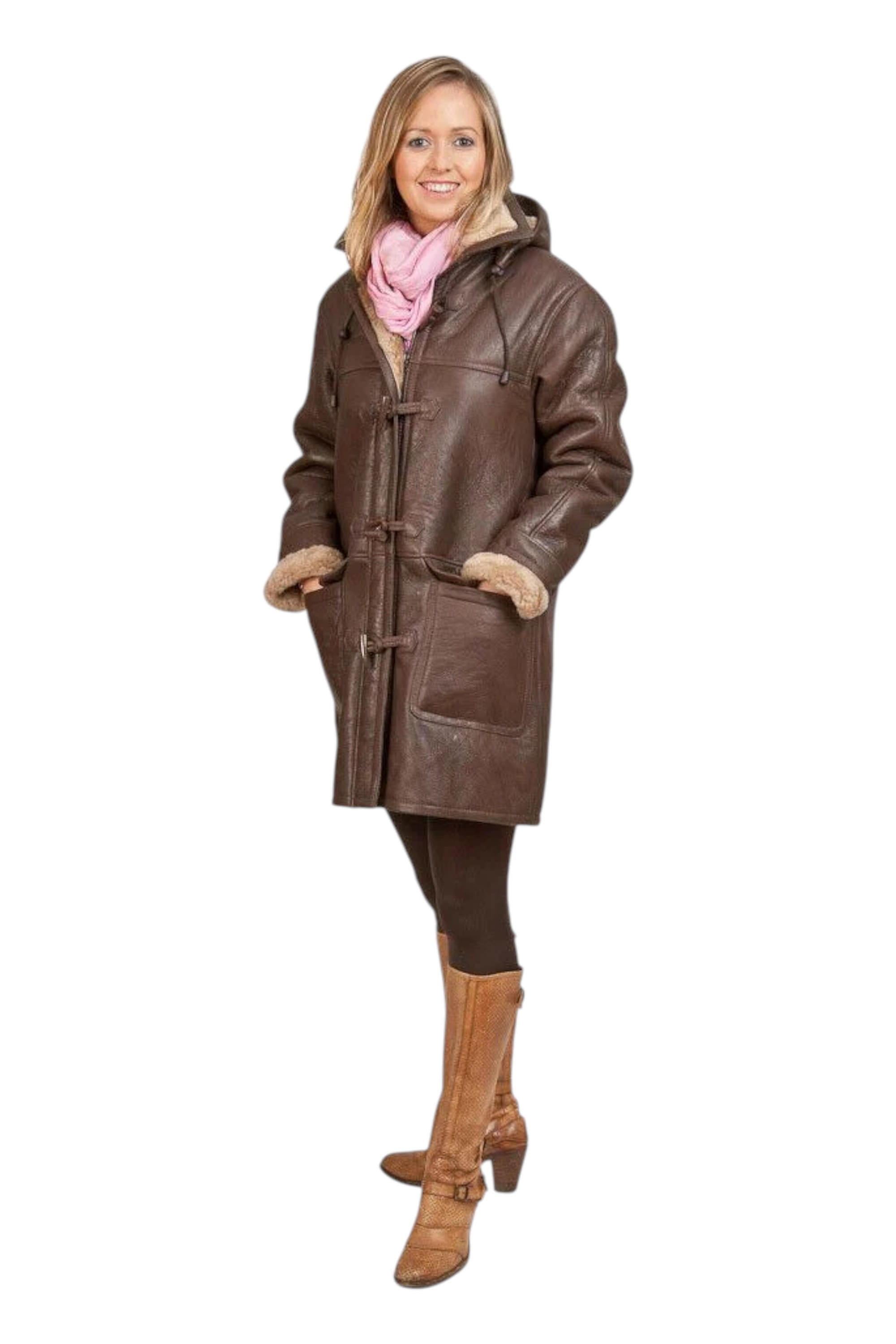 Brown Hooded Sheepskin Leather Coat - Canvas, Image 2 of 4