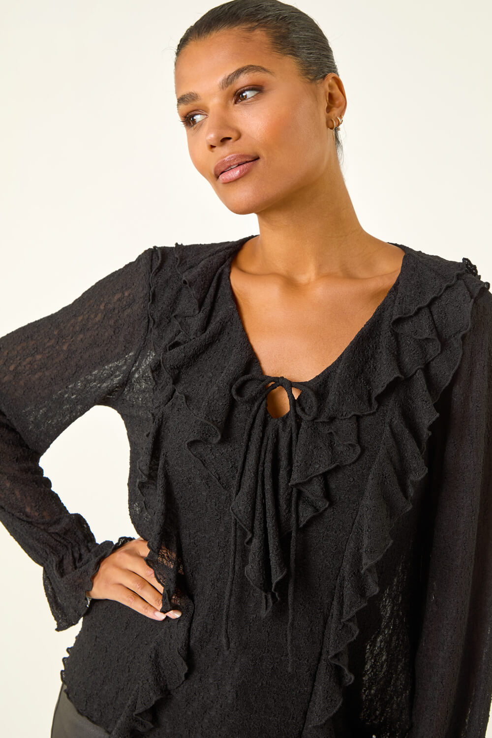 Black Lace Ruffle Front Top, Image 3 of 6
