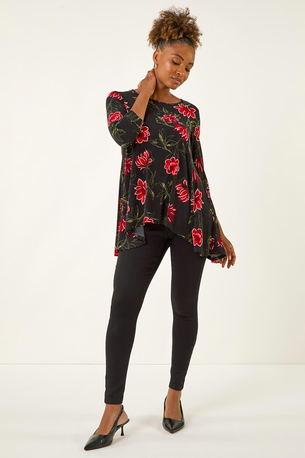 Red Floral Puff Print Tunic Top, Image 3 of 5