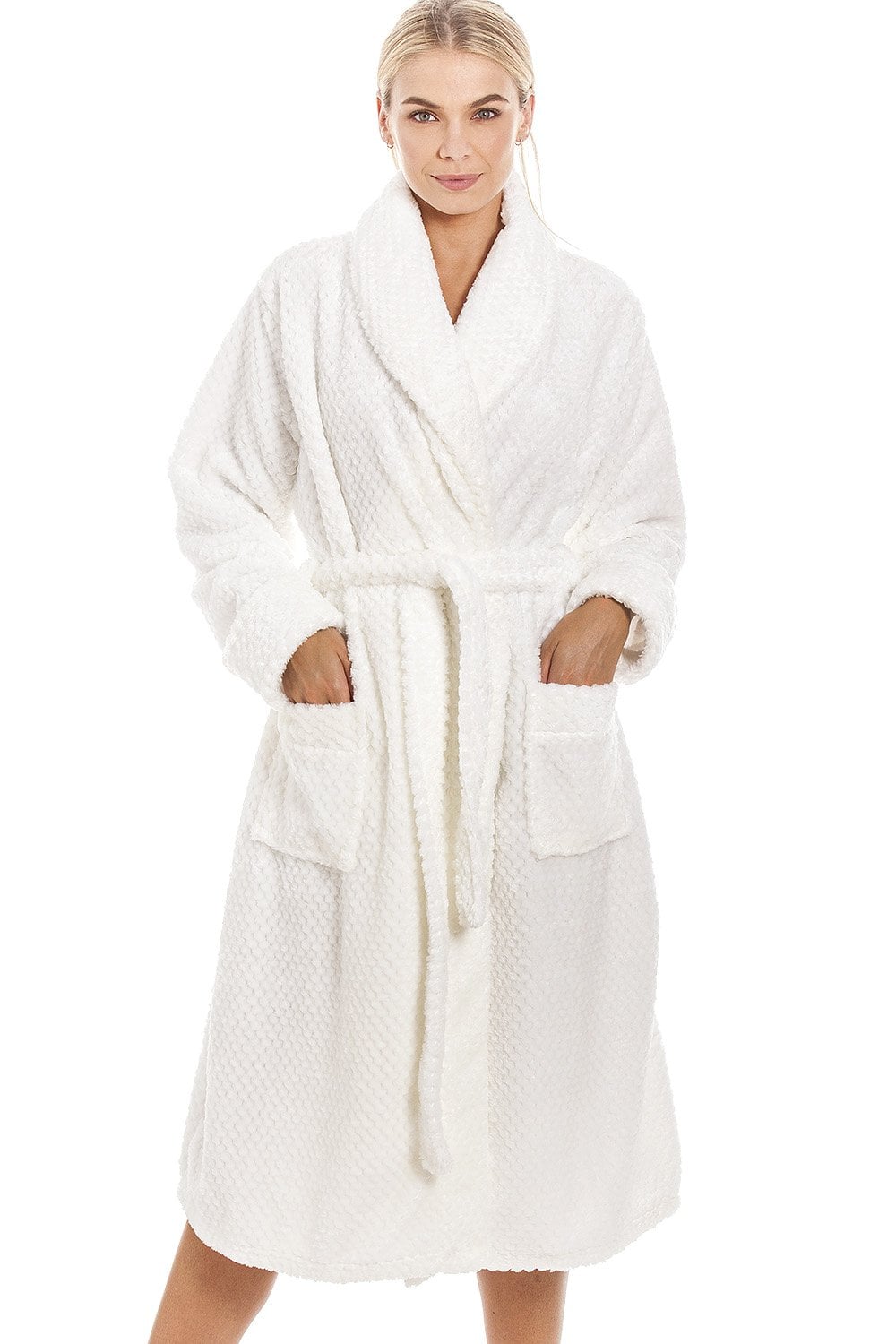 White Supersoft Honeycomb Textured Shawl Collar Bathrobe