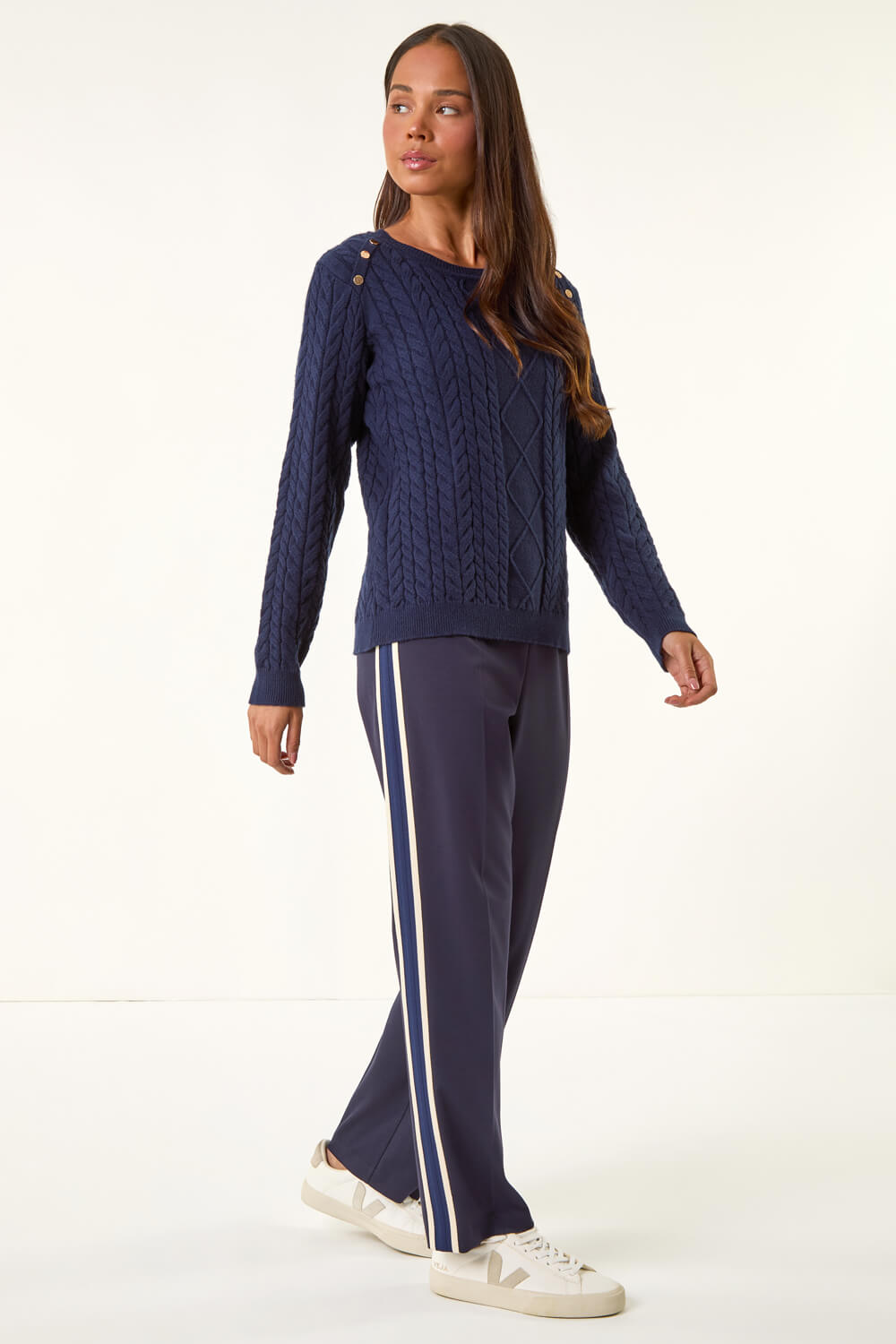 Navy Petite Button Cable Knit Jumper, Image 3 of 5