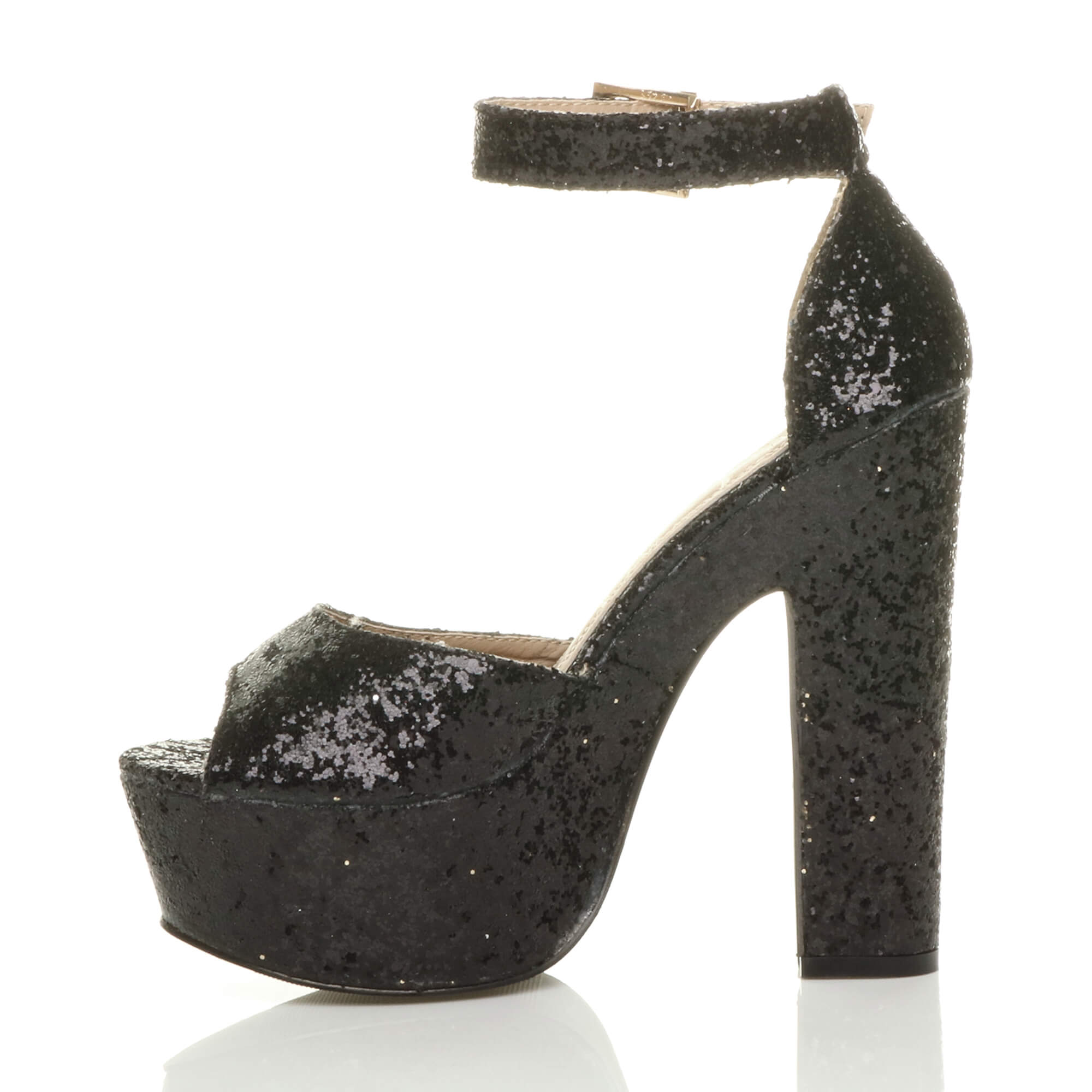 Black AJVANI Black Glitter Ankle Strap Peep Toe Platform High Heels, Image 3 of 8