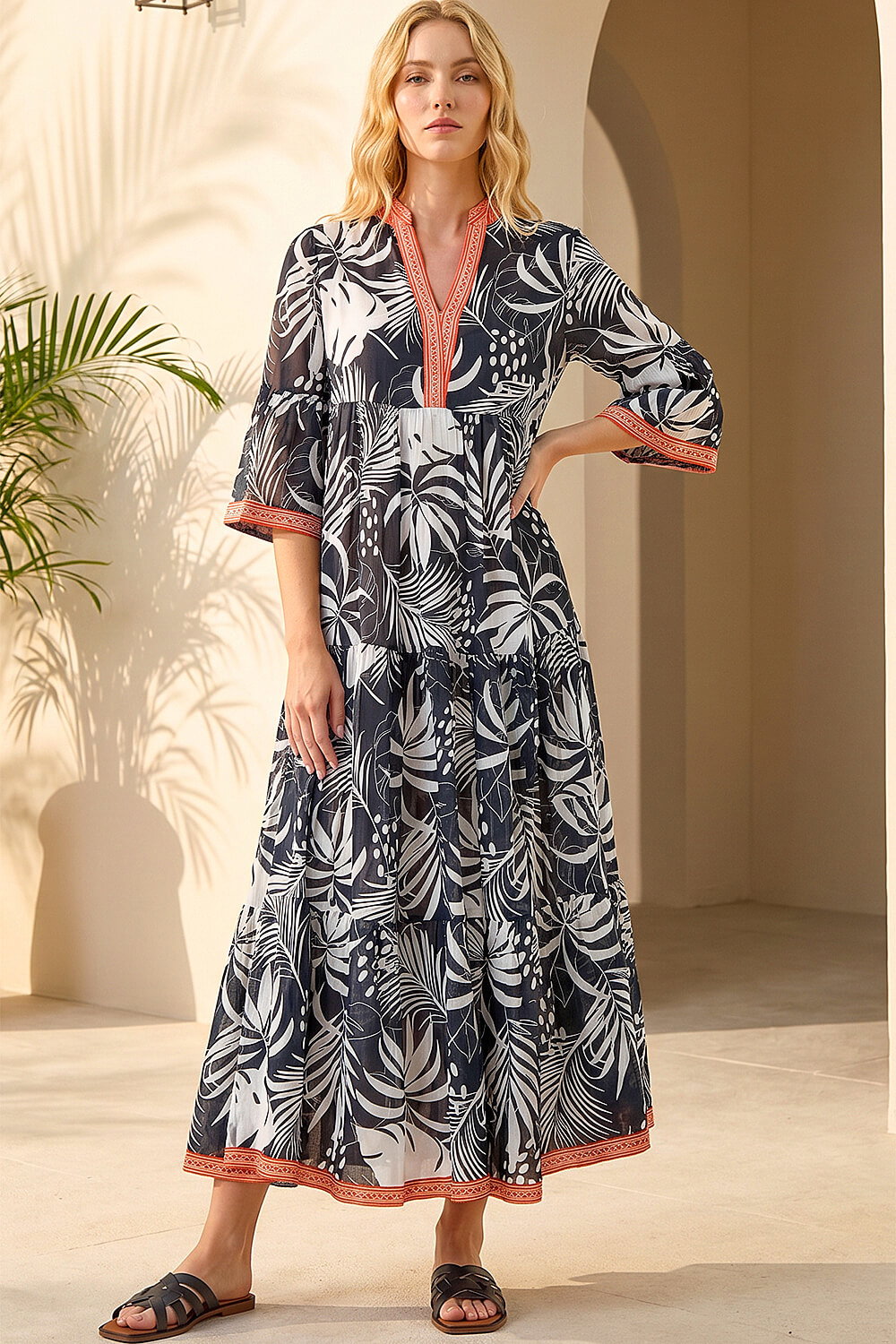 Black Leaf Border Print Maxi Dress, Image 1 of 4