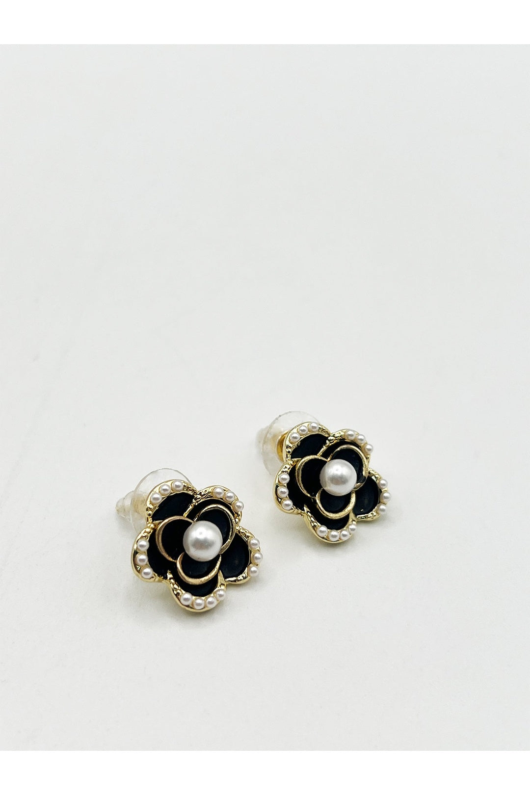 Gold Black Floral Pearl Stud Earrings in Gold - Gift Boxed, Image 1 of 5