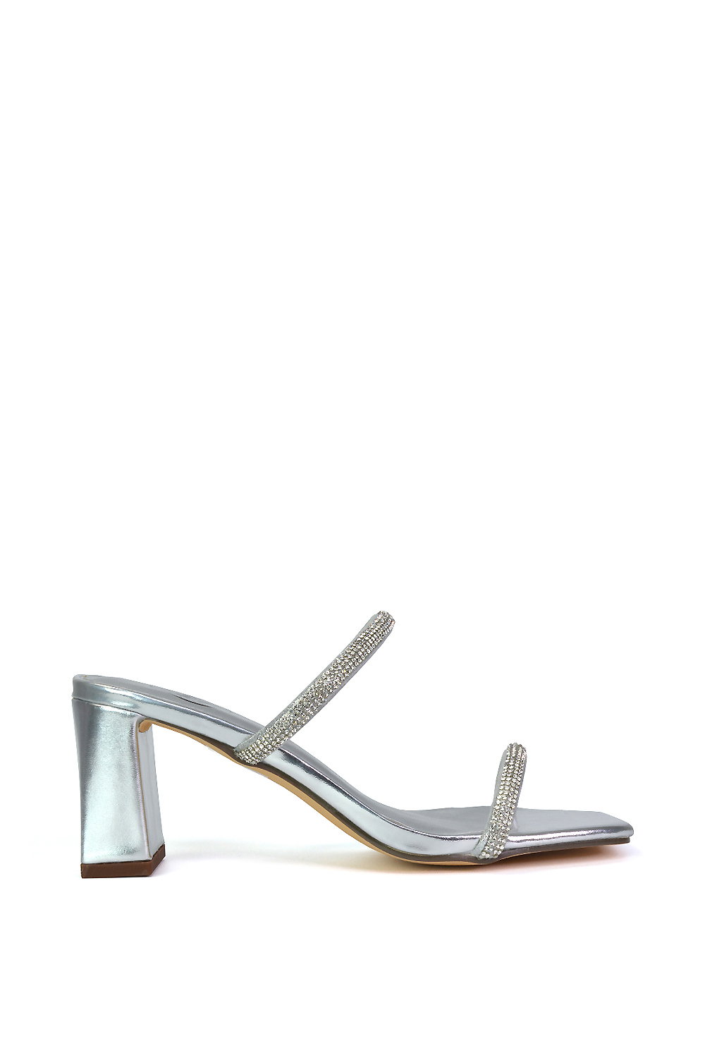 Silver XY LONDON Silver 'Holden' Diamante Strap Square Toe Mid Block Heel Sandal Mules, Image 1 of 5