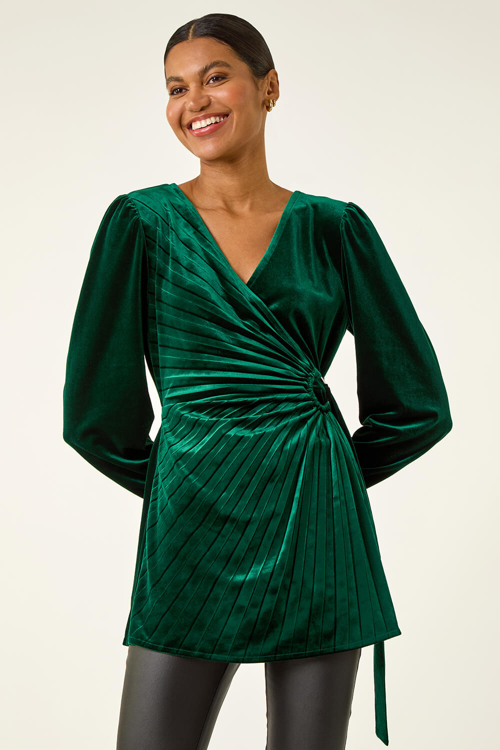 Green Velvet Pleated Wrap Top, Image 5 of 5
