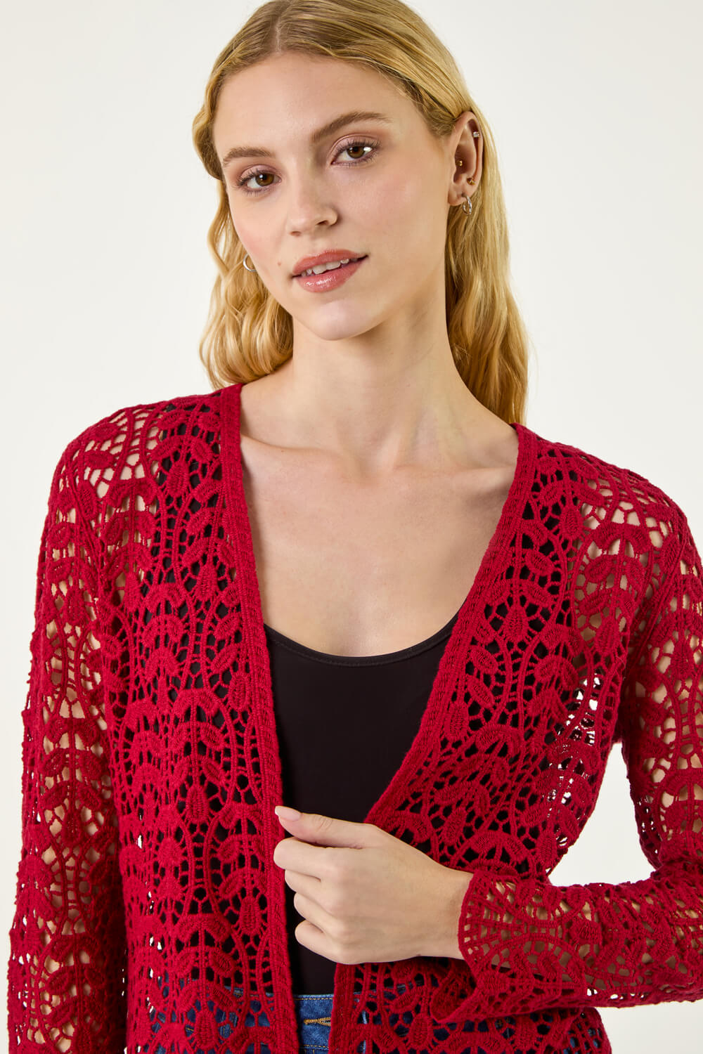 Roman Women's Burgundy Crochet Edge To Edge Cardigan Size 10