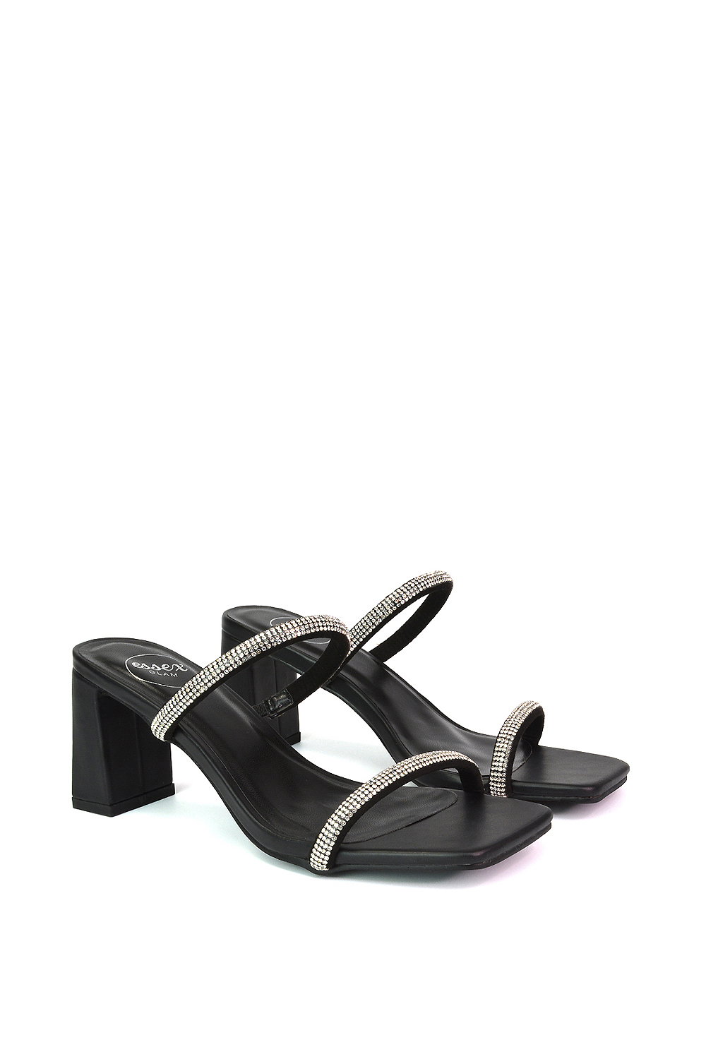 Black 'Holden' Diamante Strap Square Toe Mid Block Heel Sandal Mules, Image 3 of 5