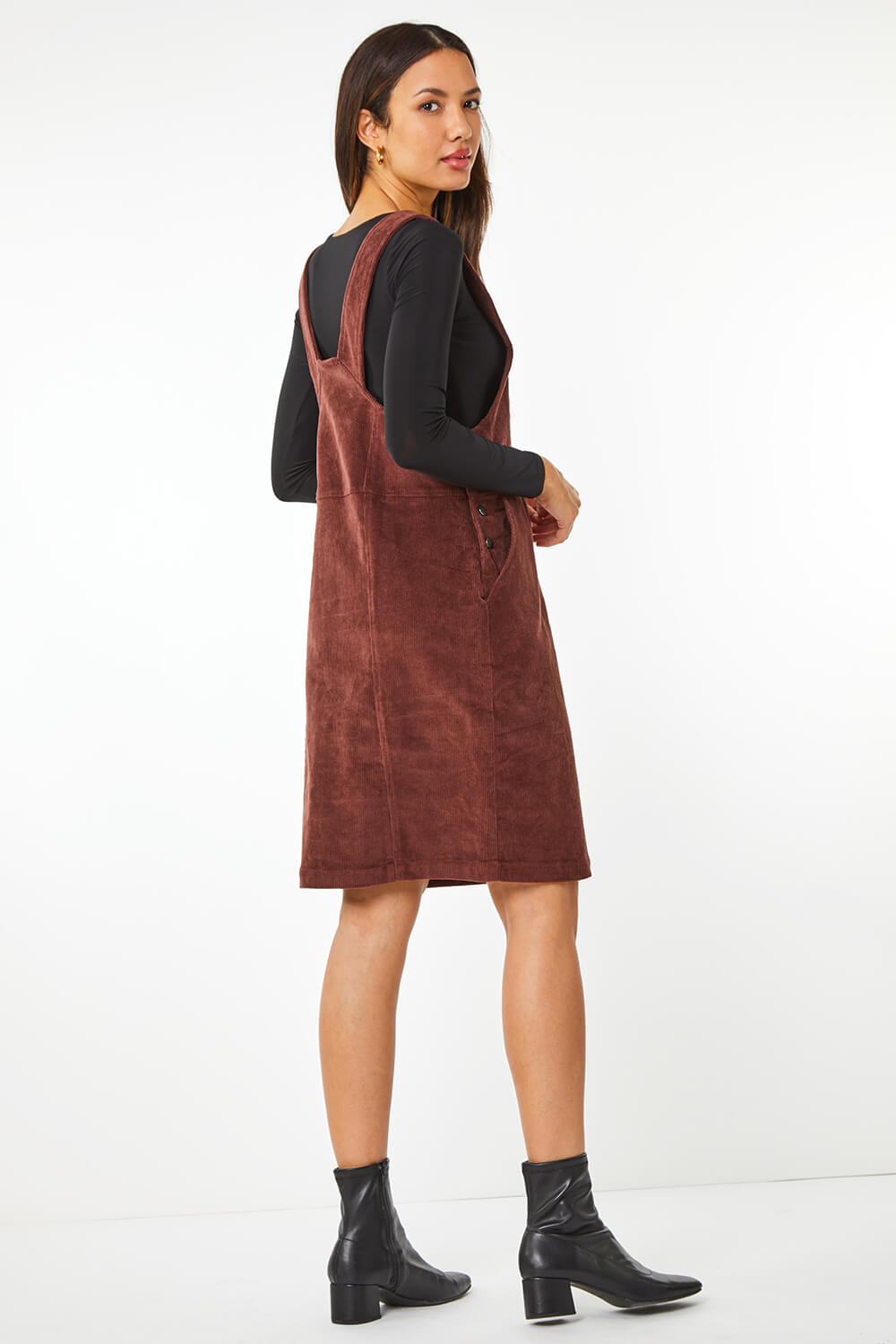 Button Corduroy Pinafore Dress in Chocolate - Roman Originals UK