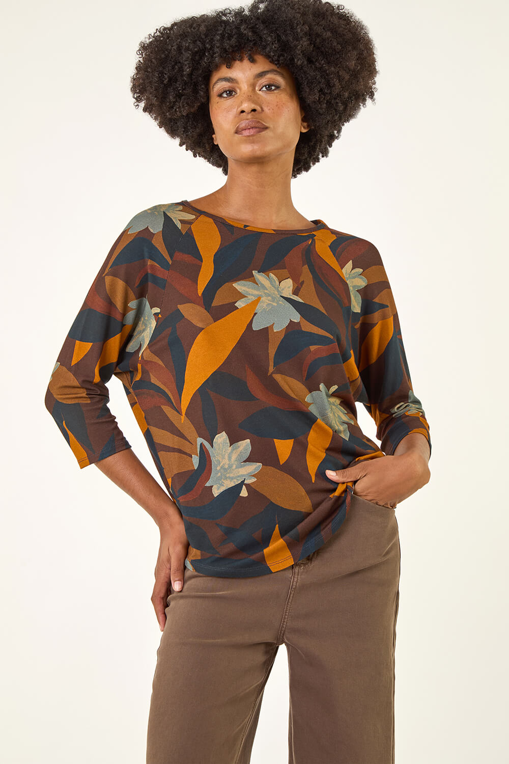 Rust Floral Print Curved Hem Top, Image 5 of 5