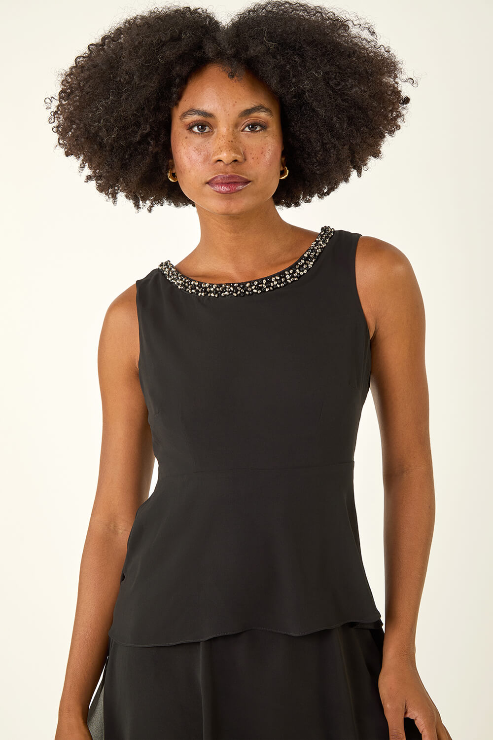 Black Embellished Neck Tiered Chiffon Dress, Image 5 of 5