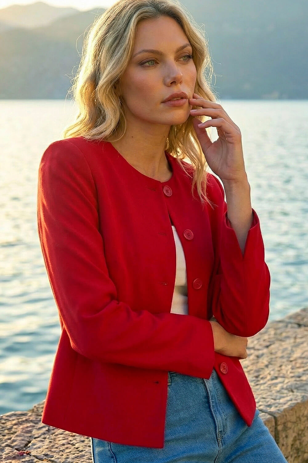 Red Crepe Textured Suit Jacket, Image 5 of 5