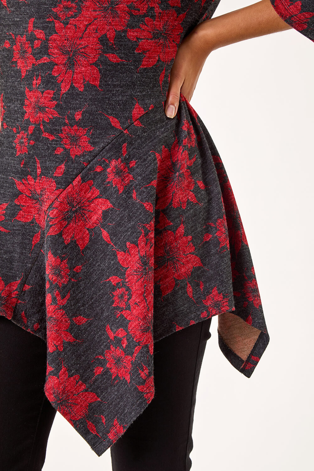 Red Floral Print Hanky Hem Tunic Top, Image 6 of 5