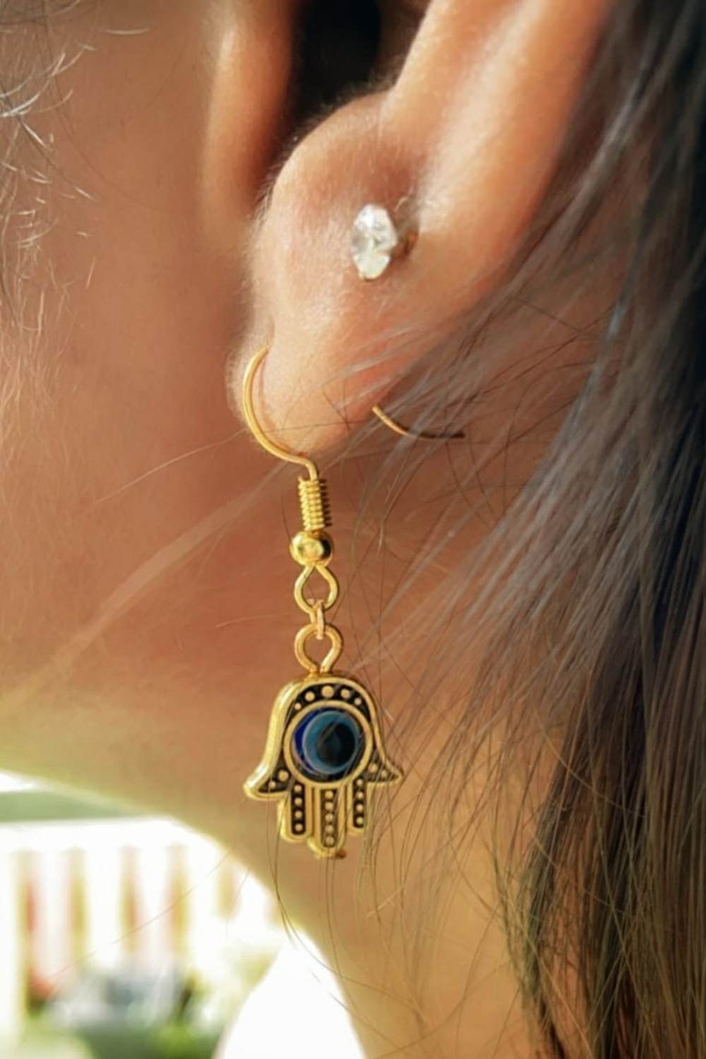 Gold Hamsa Evil Eye Drop Earrings - Spinning Bead, Image 1 of 3