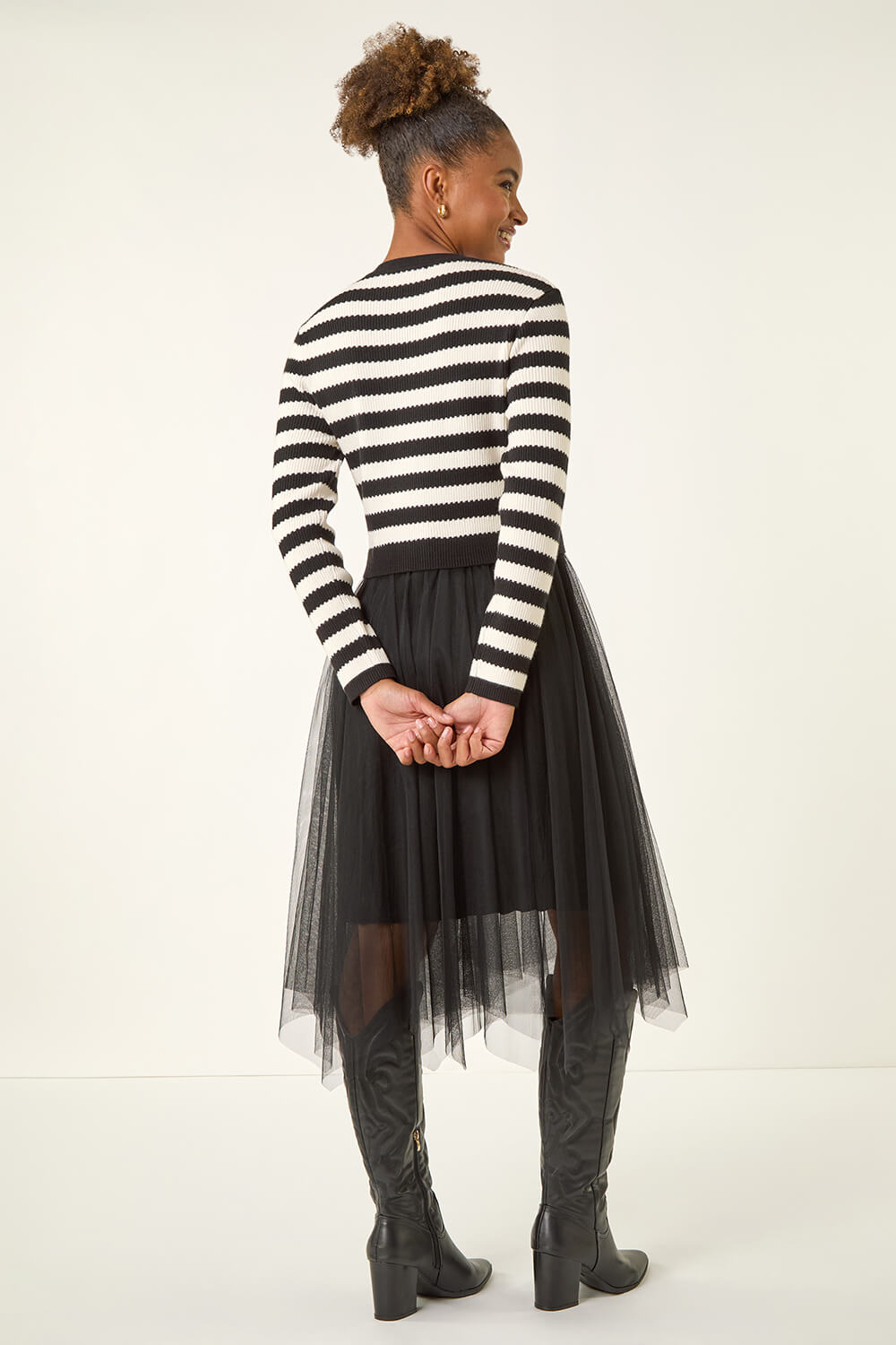 Black Stripe Print Mesh Midi Dress, Image 4 of 5