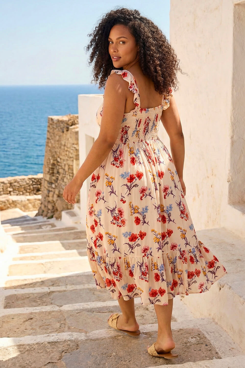 Beige Curve Ditsy Floral Strap Midi Dress , Image 4 of 4