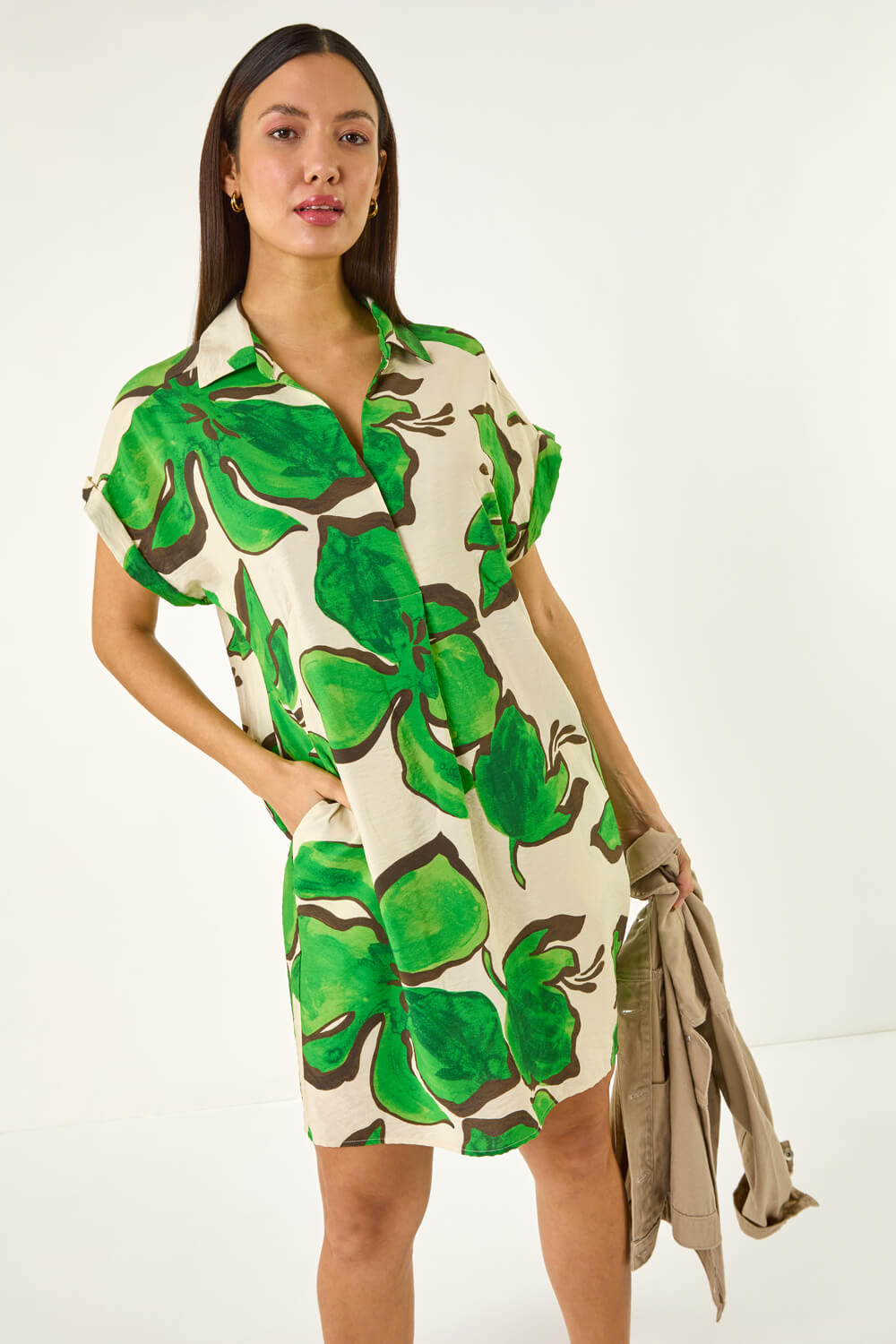 Green Leaf Print Cocoon Shift Dress, Image 1 of 6