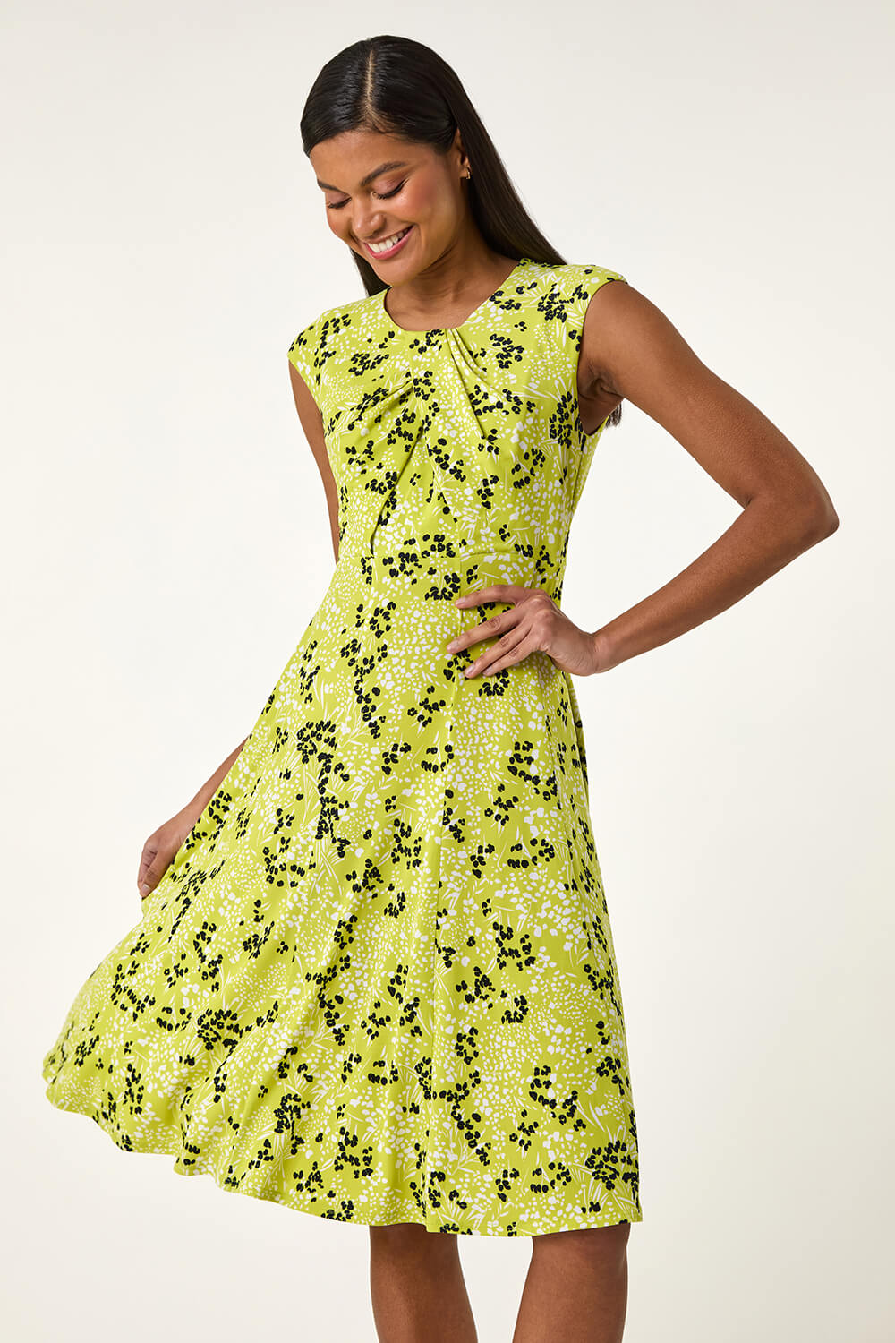Roman Women's Lime Ditsy Floral Keyhole Twist Dress Size 16