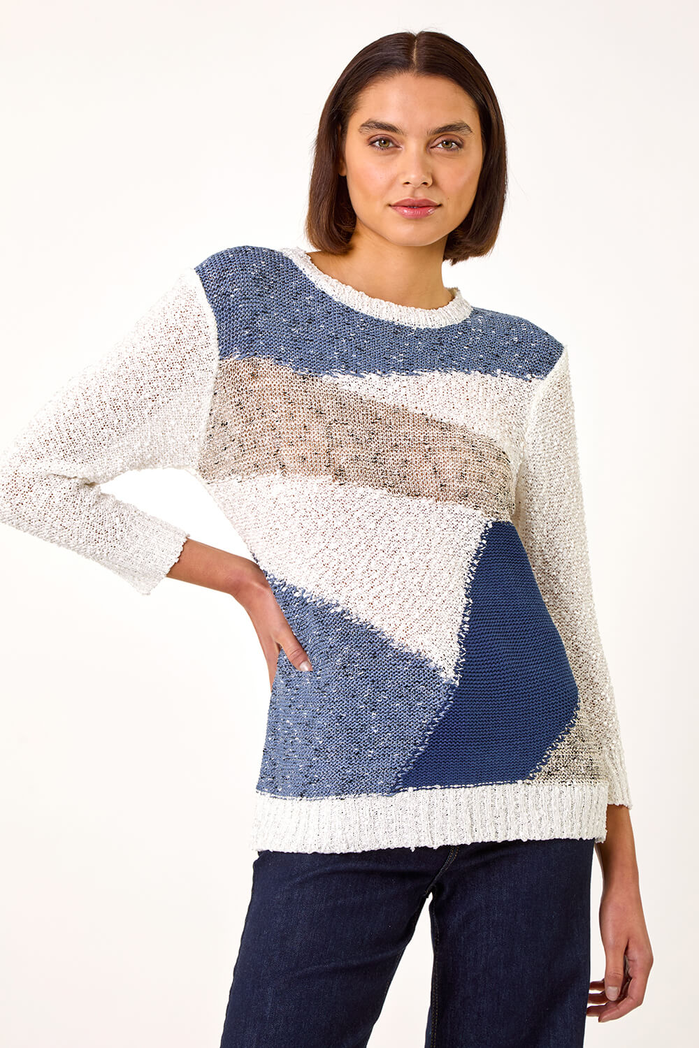 Blue Textured Colour Block Jumper, Image 3 of 5