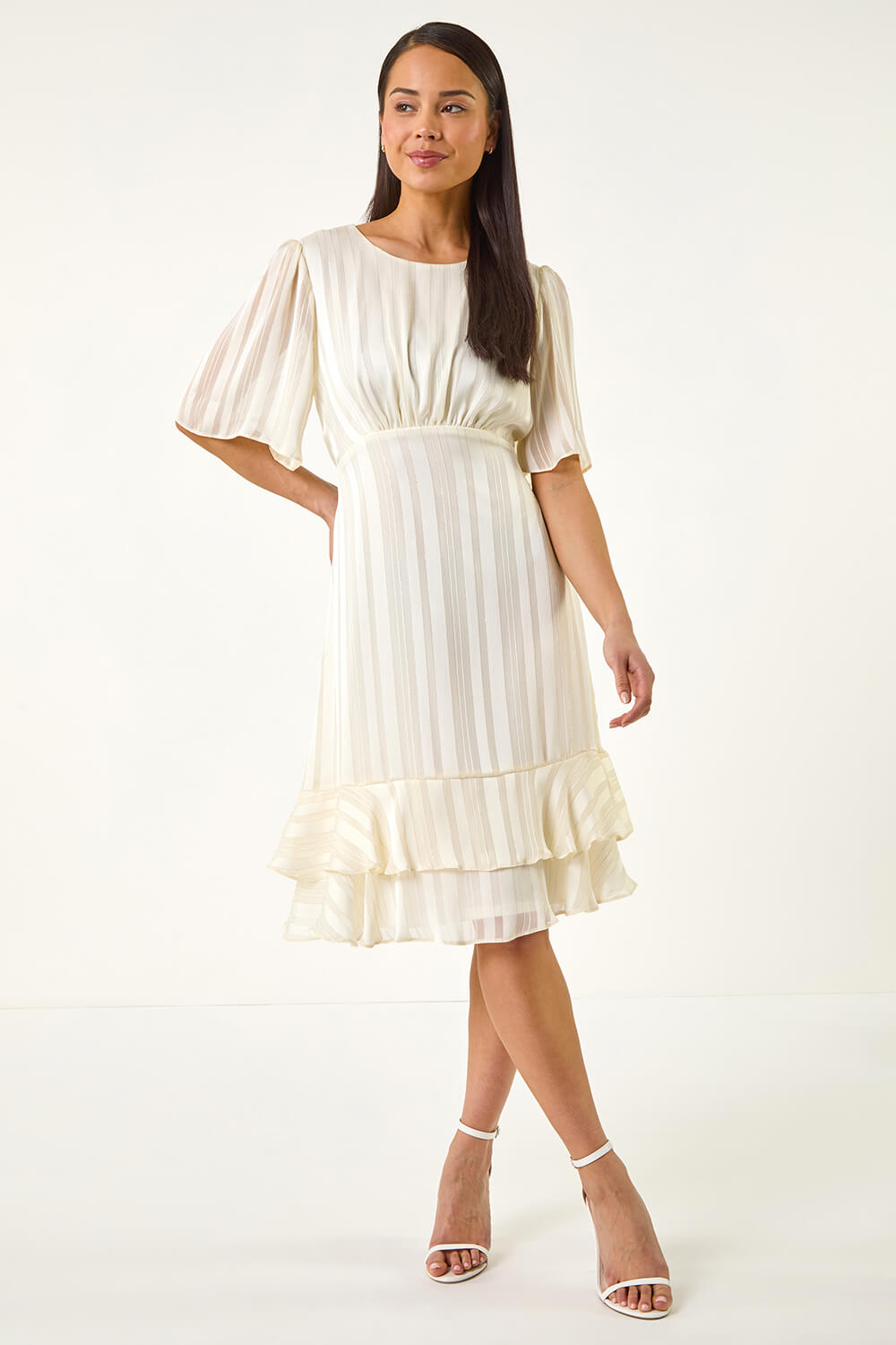 Ivory Petite Stripe Frill Hem Midi dress, Image 3 of 5