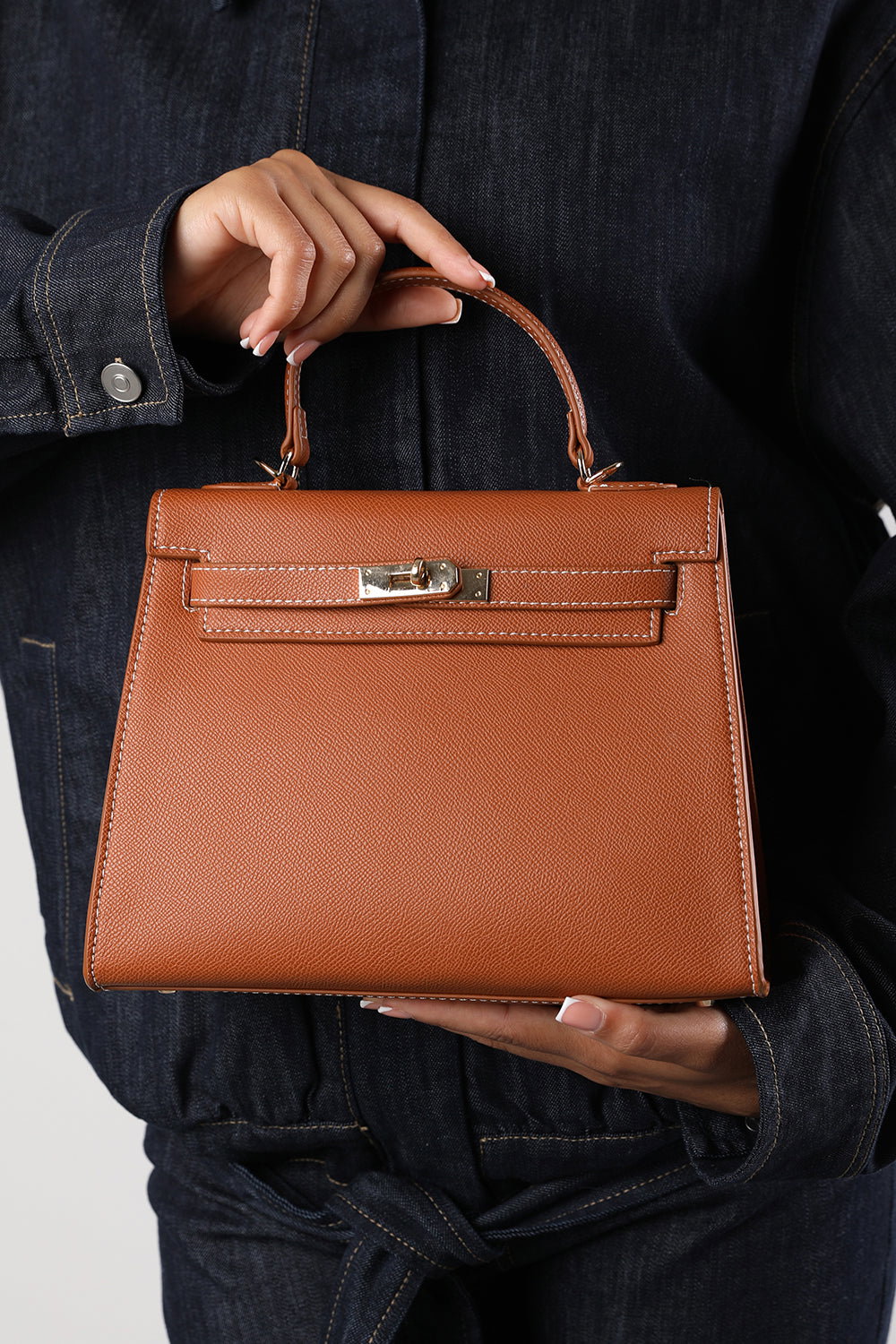 Tan Lluvia Top Handle Satchel Mini Tote Bag With Turn-Lock Closure, Image 2 of 8