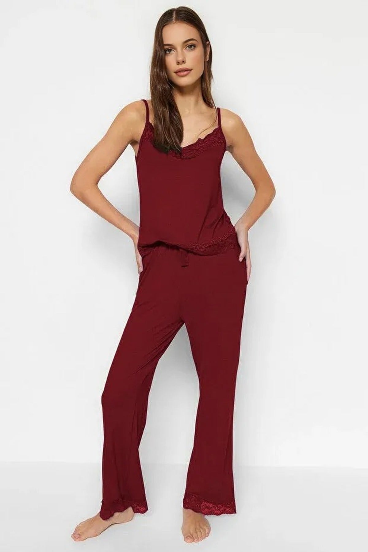 Burgundy WOVCOR Burgundy 2-Piece Lace Trim and Pyjama Set, Image 1 of 5