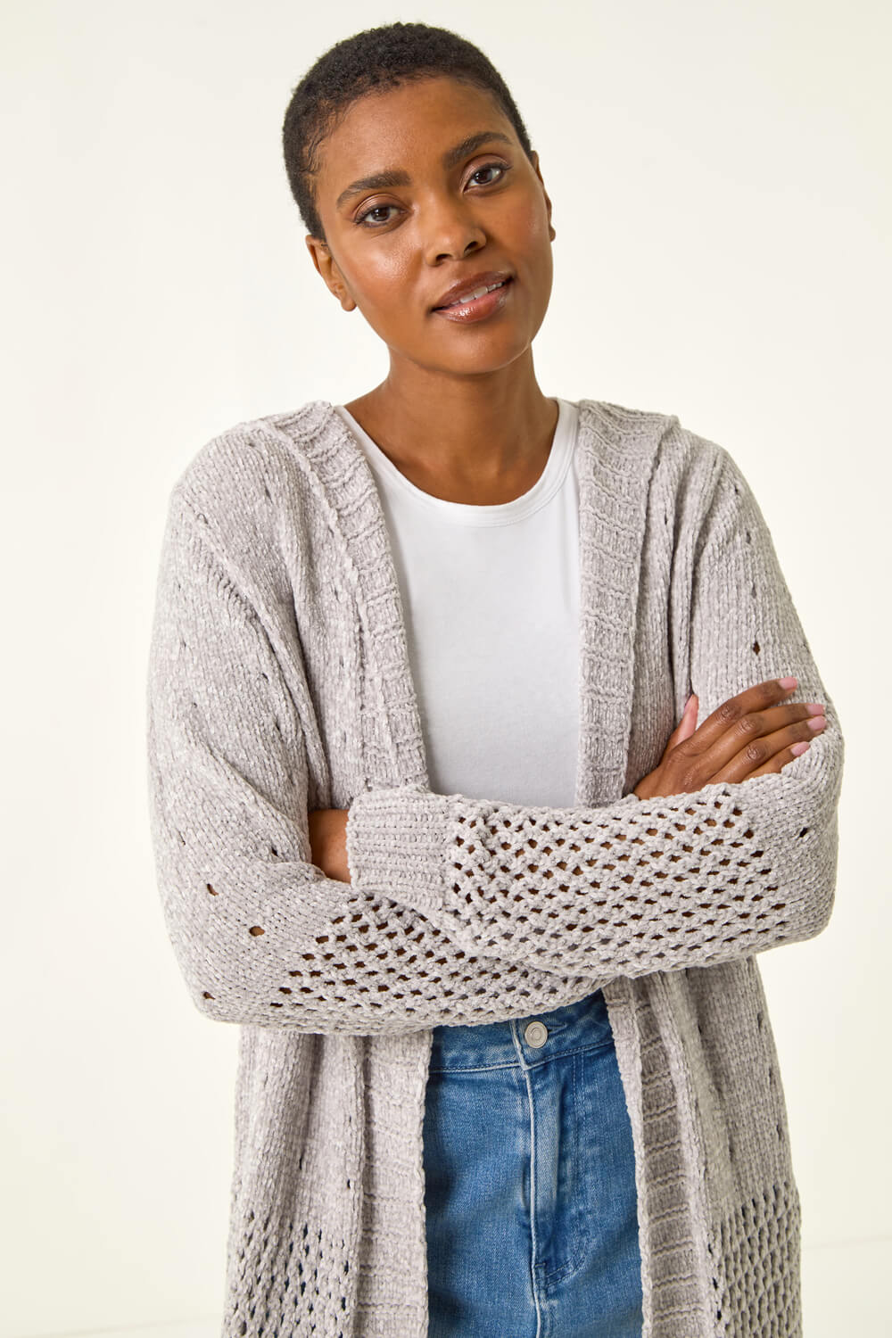 Grey Soft Chenille Hooded Cardigan, Image 5 of 5