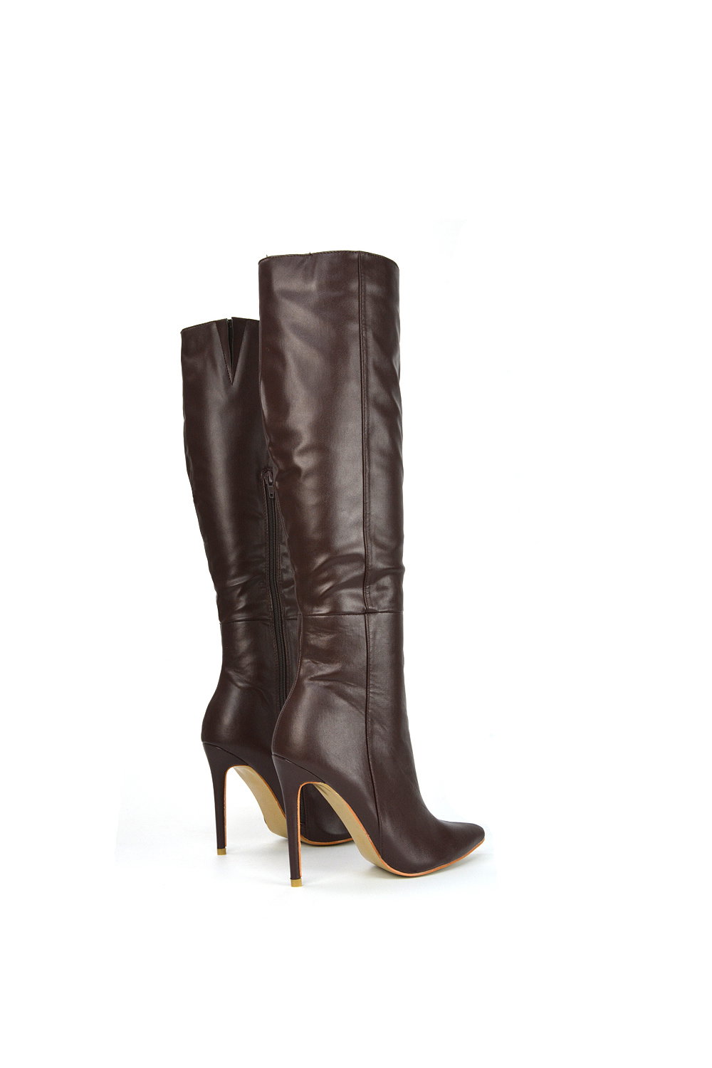 Brown 'Nora' Pointed Toe Zip Up Knee High Stiletto Heel Long Boots, Image 3 of 3