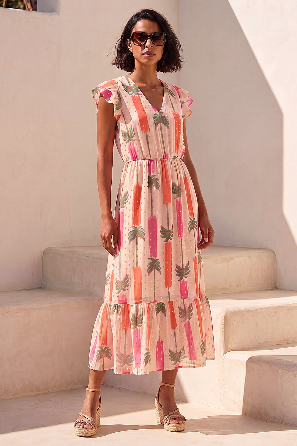 Dusk Women's Light Pink Palm Shimmer Frill Maxi Dress Size 18