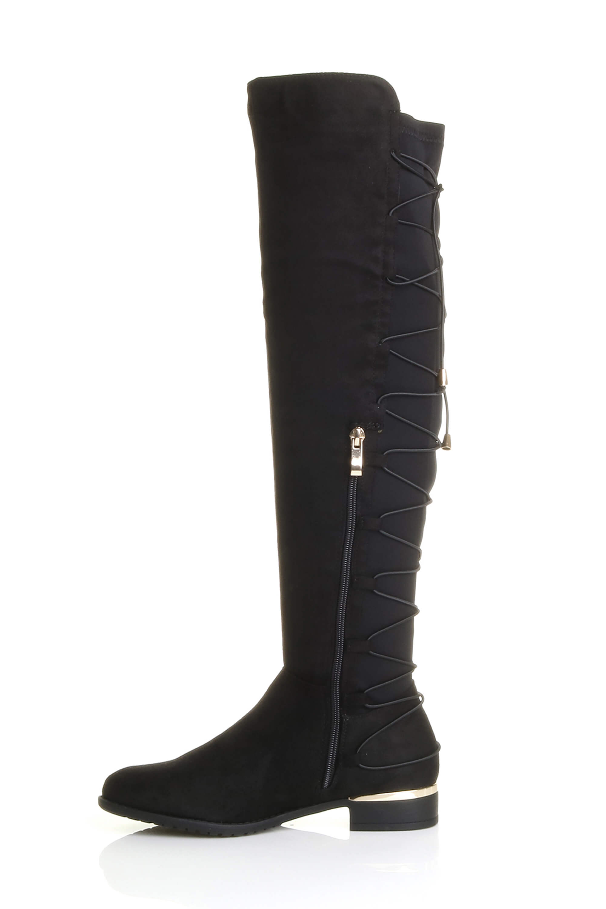 Black Elastic Tie Up Riding Knee High Boots, Image 3 of 6