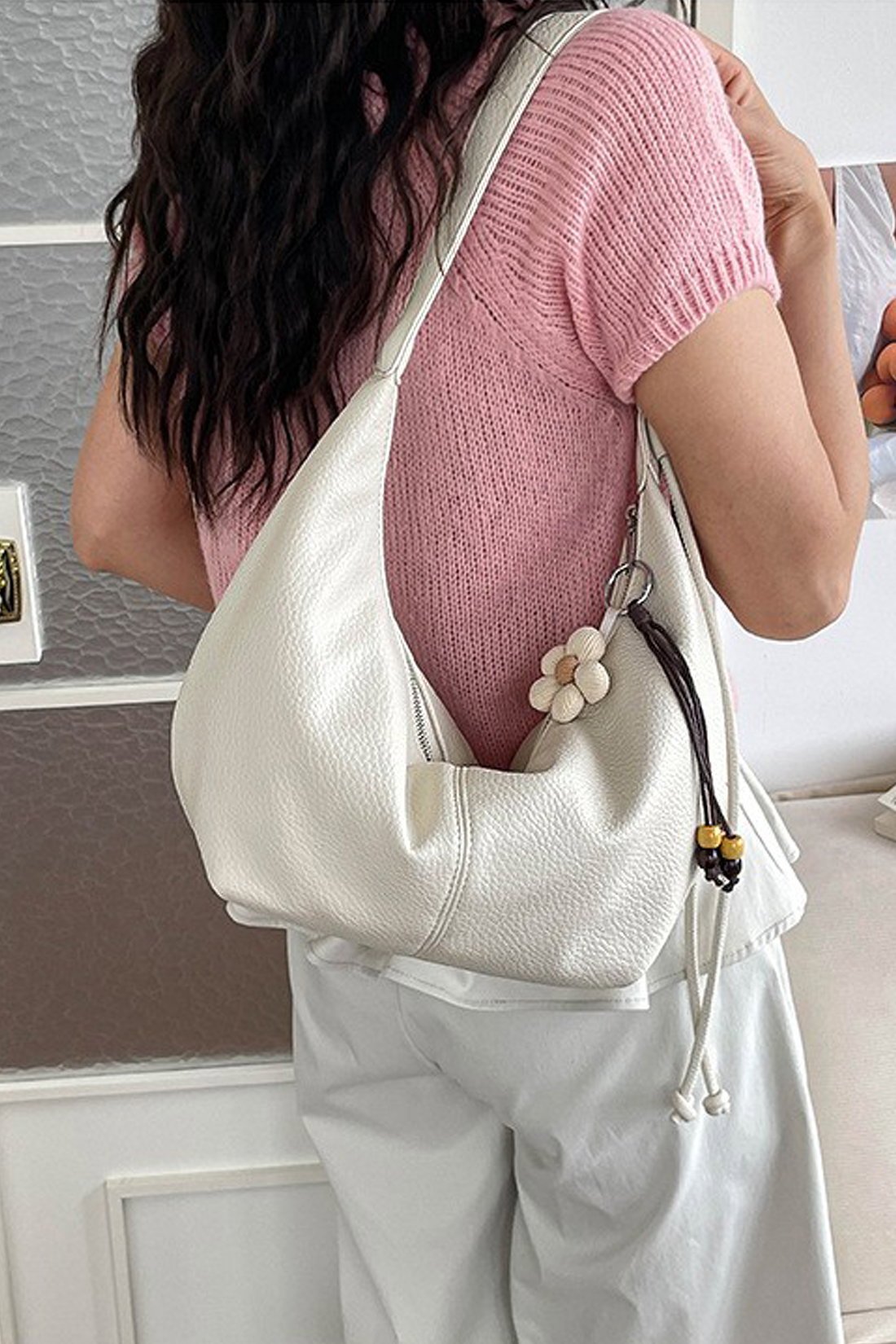 White Crescent Shoulder Bag With Flower Charm, Image 1 of 3