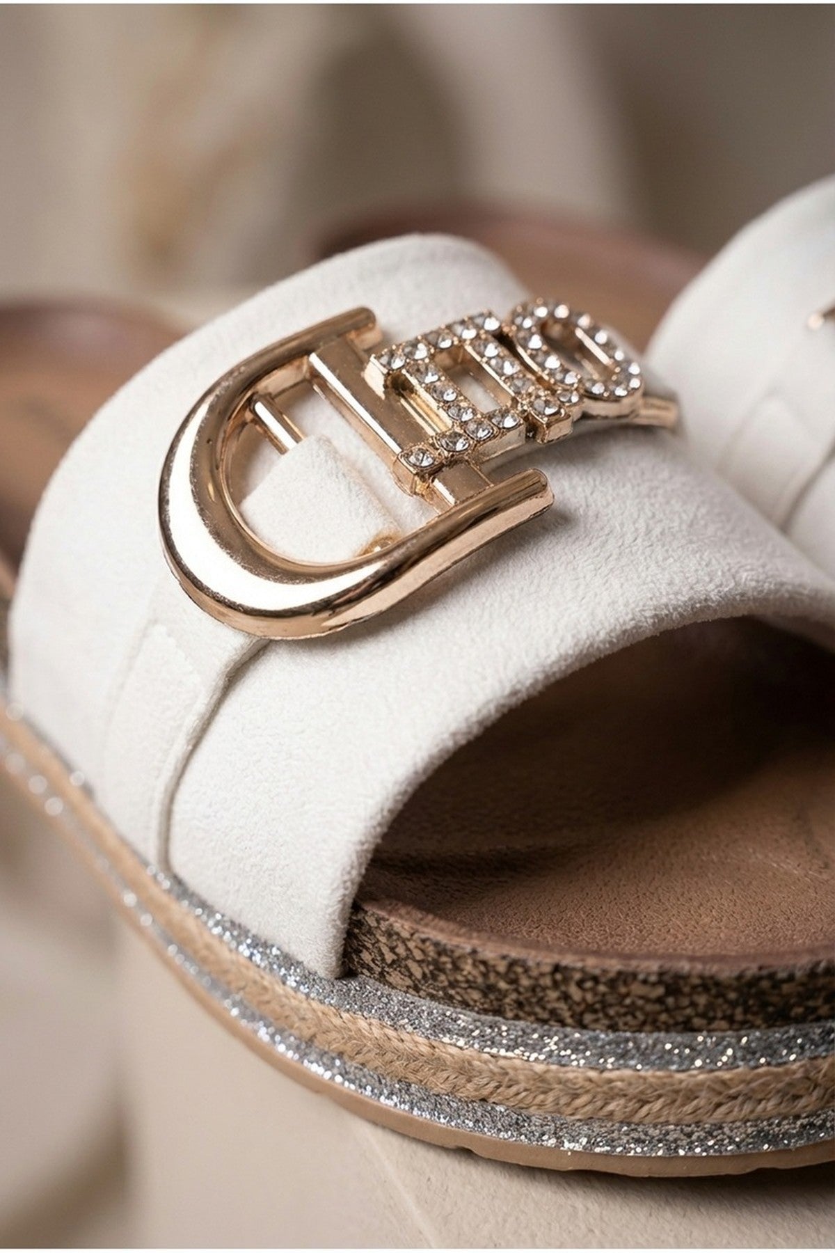 White iKrush White Mia Womens Embellished Cork Platform Sliders, Image 5 of 6