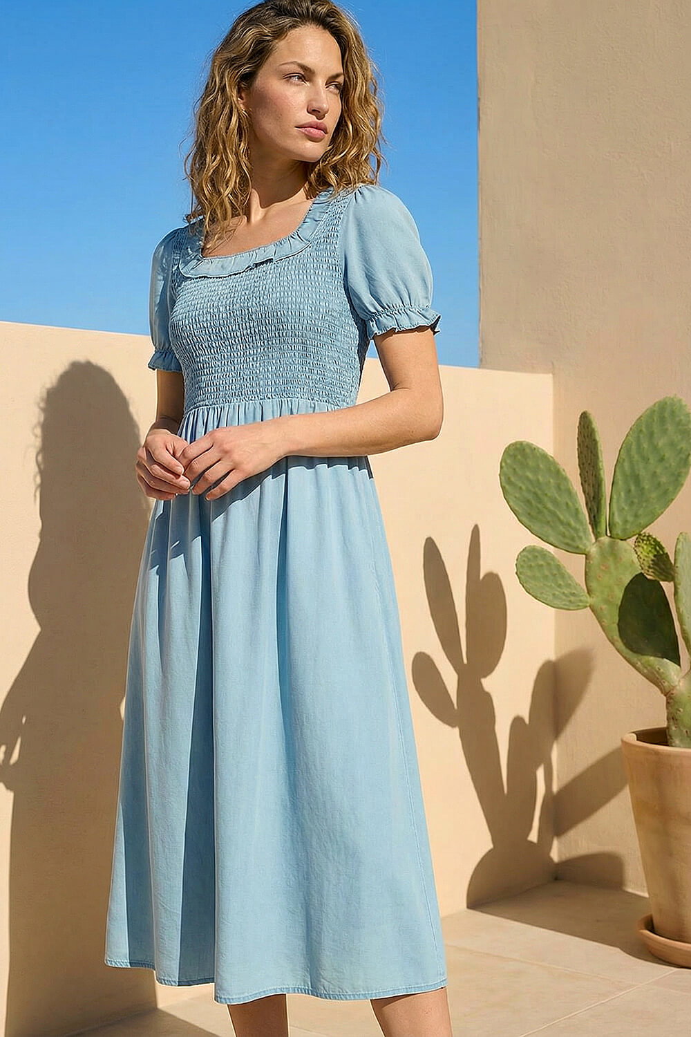 Denim Shirred Frill Midi Dress, Image 4 of 4